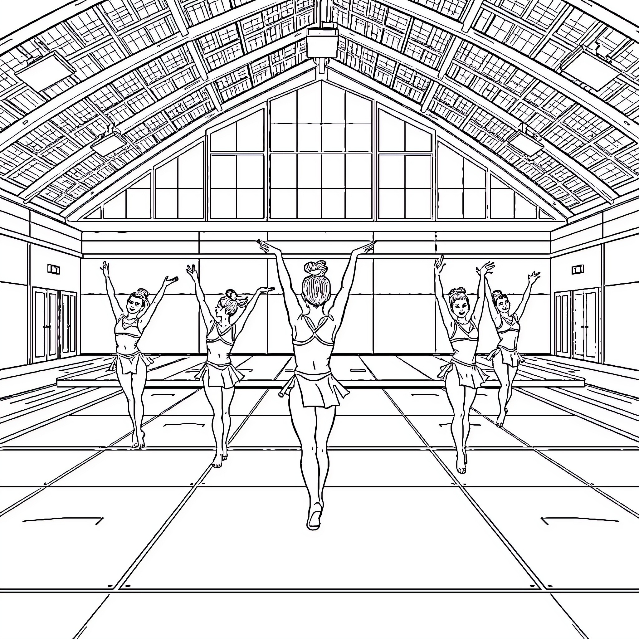 Gymnasts performing graceful routines in an indoor arena Coloring Page (free black-and-white line drawing printable PDF for all, from beginners to advanced learners, including children, teens, adults, and seniors)