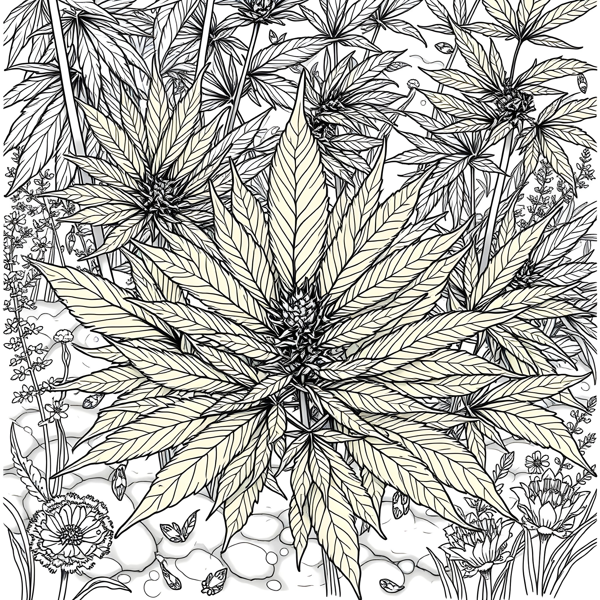 Weed plant flourishing amidst nature's elements Coloring Page (free black-and-white line drawing printable PDF for all, from beginners to advanced learners, including children, teens, adults, and seniors)