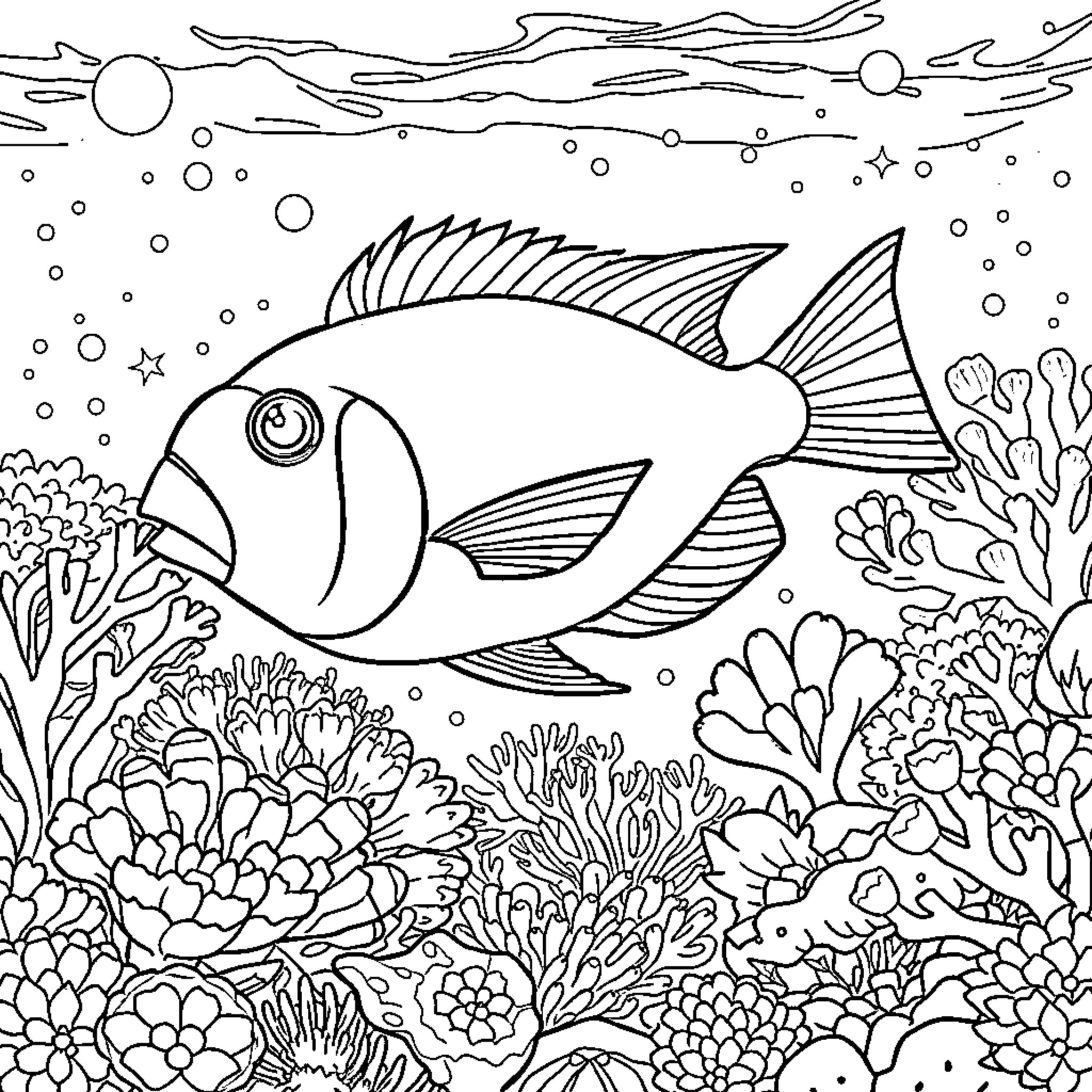 Parrot Fish swimming among coral reefs Coloring Page (free black-and-white line drawing printable PDF for all, from beginners to advanced learners, including children, teens, adults, and seniors)