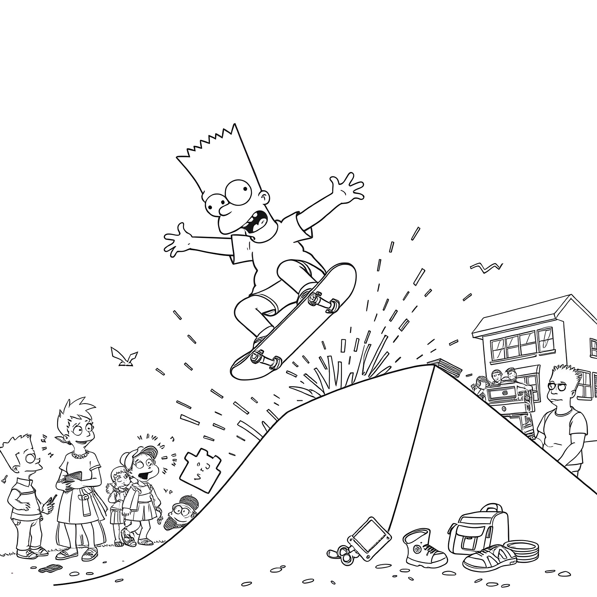 Bart Simpson skateboarding through a lively neighborhood Coloring Page (free black-and-white line drawing printable PDF for all, from beginners to advanced learners, including children, teens, adults, and seniors)