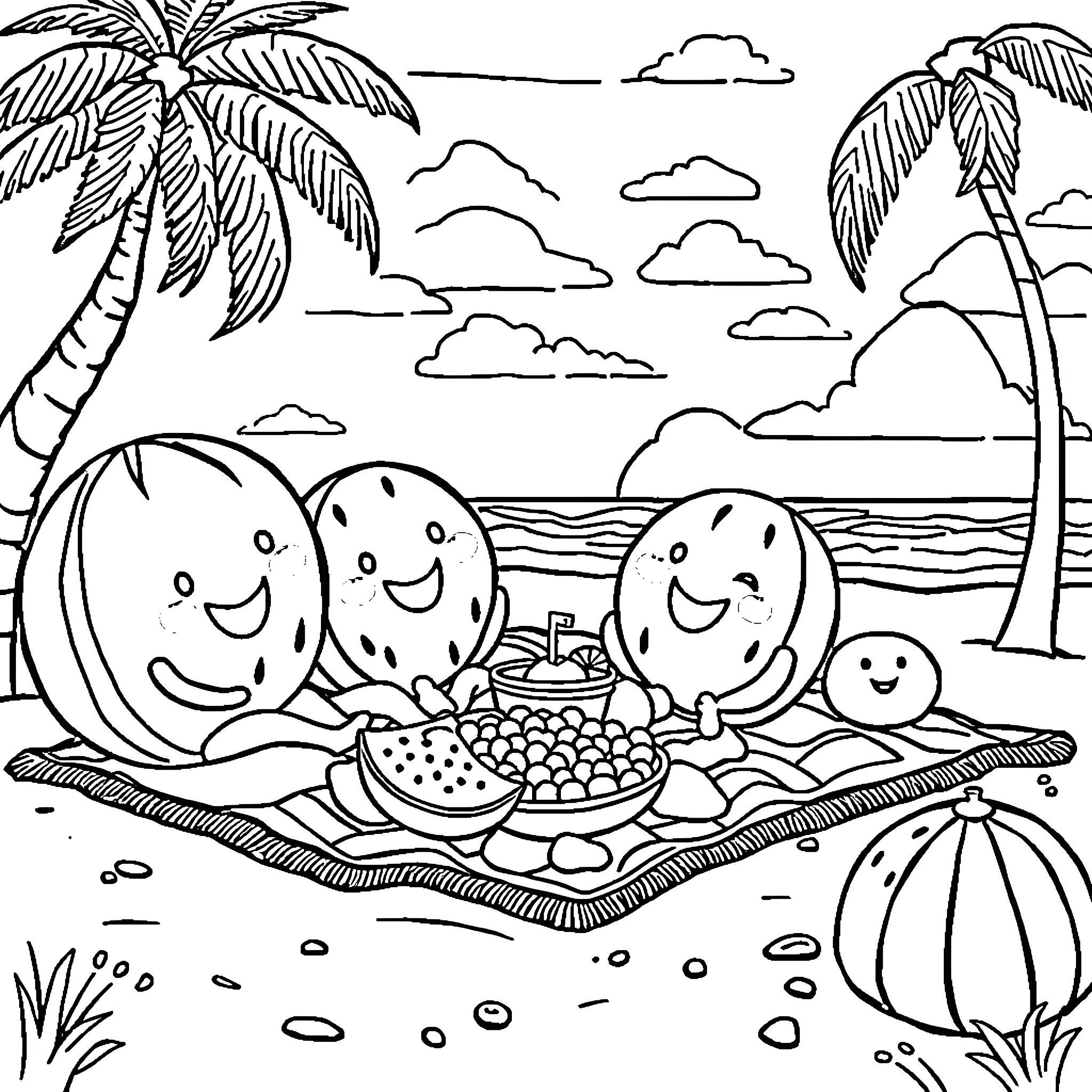 Cocomelon - Friendly Melons Enjoying Picnic by the Beach Coloring Page (free black-and-white line drawing printable PDF for all, from beginners to advanced learners, including children, teens, adults, and seniors)