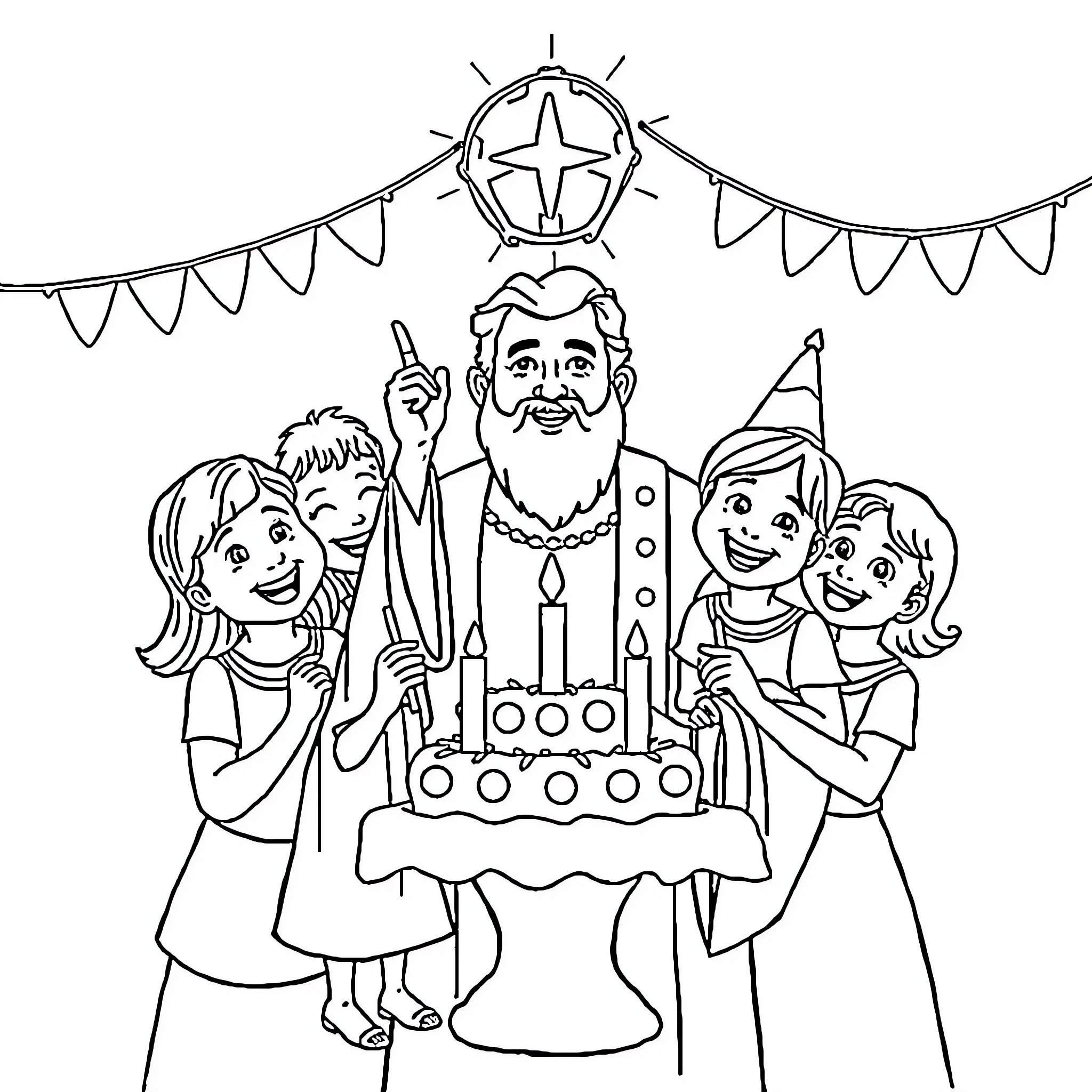 San Juan Bosco celebrating birthday with children Coloring Page (free black-and-white line drawing printable PDF for all, from beginners to advanced learners, including children, teens, adults, and seniors)