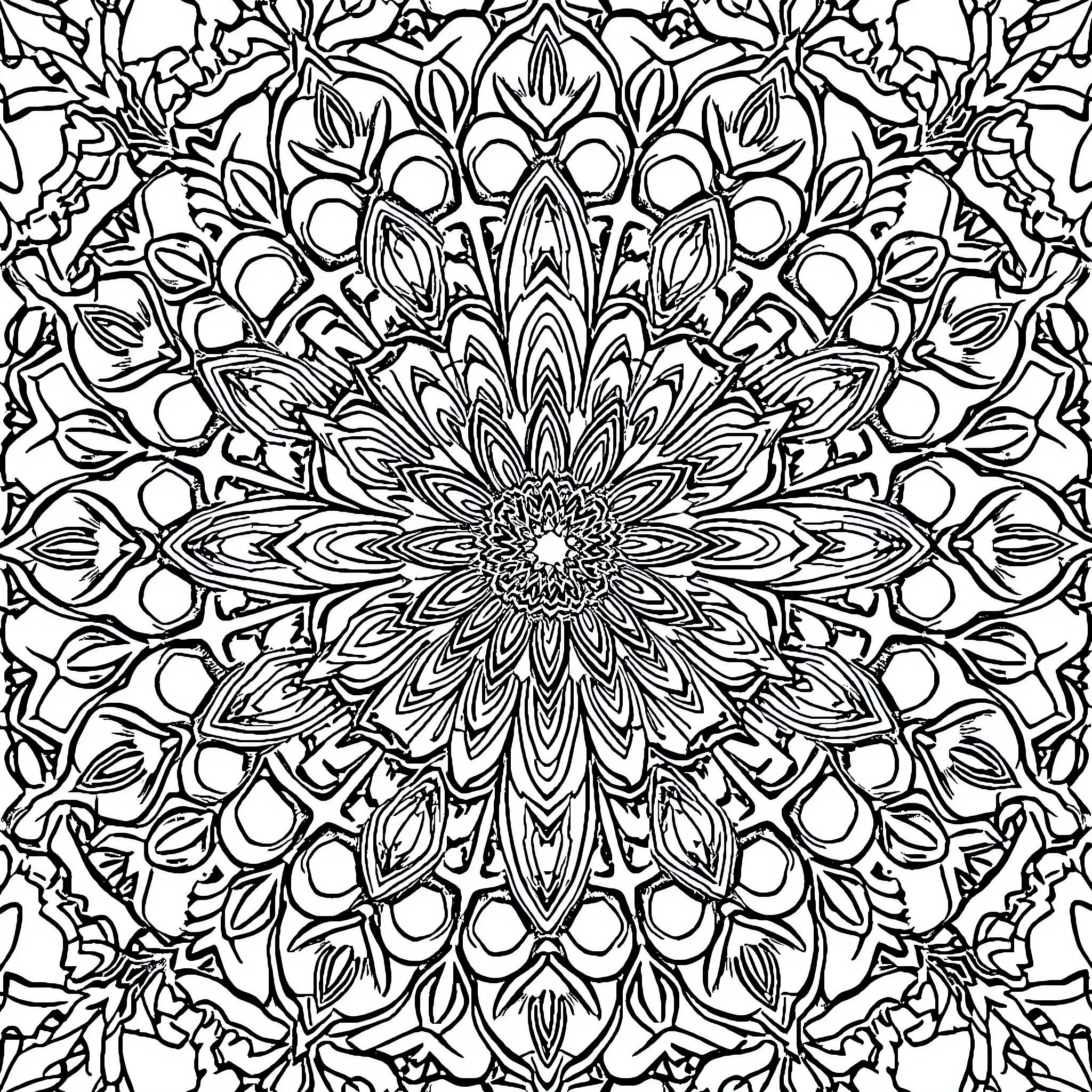 Mandala of intricate floral patterns Coloring Page (free black-and-white line drawing printable PDF for all, from beginners to advanced learners, including children, teens, adults, and seniors)