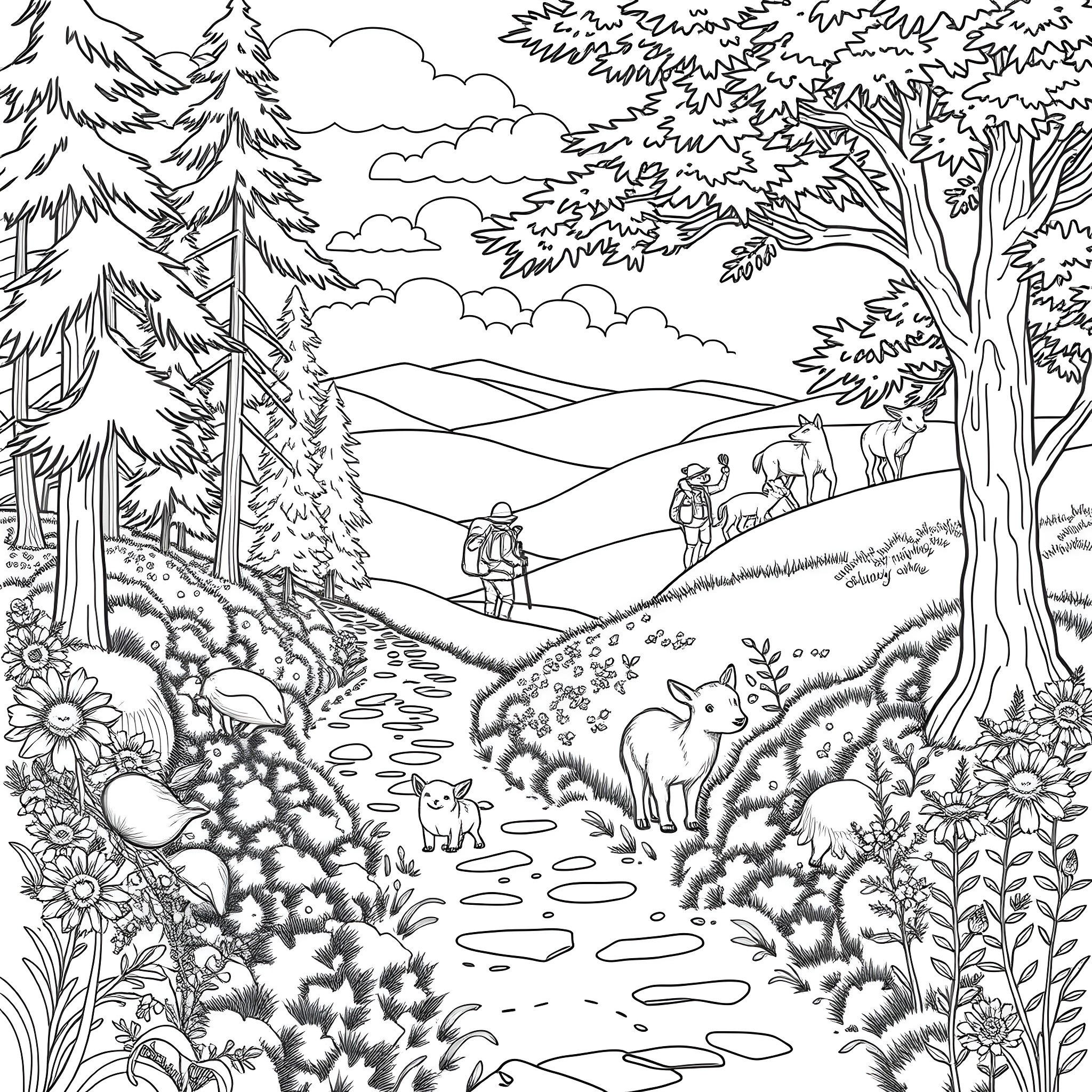 Animal adventure through the enchanted forest Coloring Page (free black-and-white line drawing printable PDF for all, from beginners to advanced learners, including children, teens, adults, and seniors)