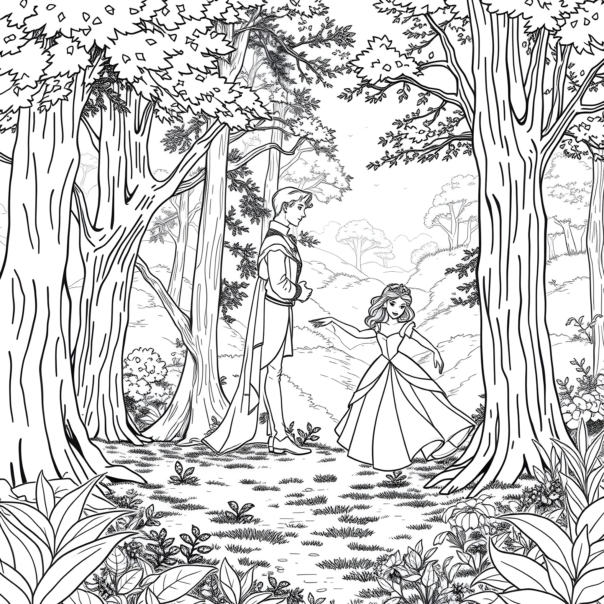 Aurora's Enchanted Forest Adventure Coloring Page (free black-and-white line drawing printable PDF for all, from beginners to advanced learners, including children, teens, adults, and seniors)