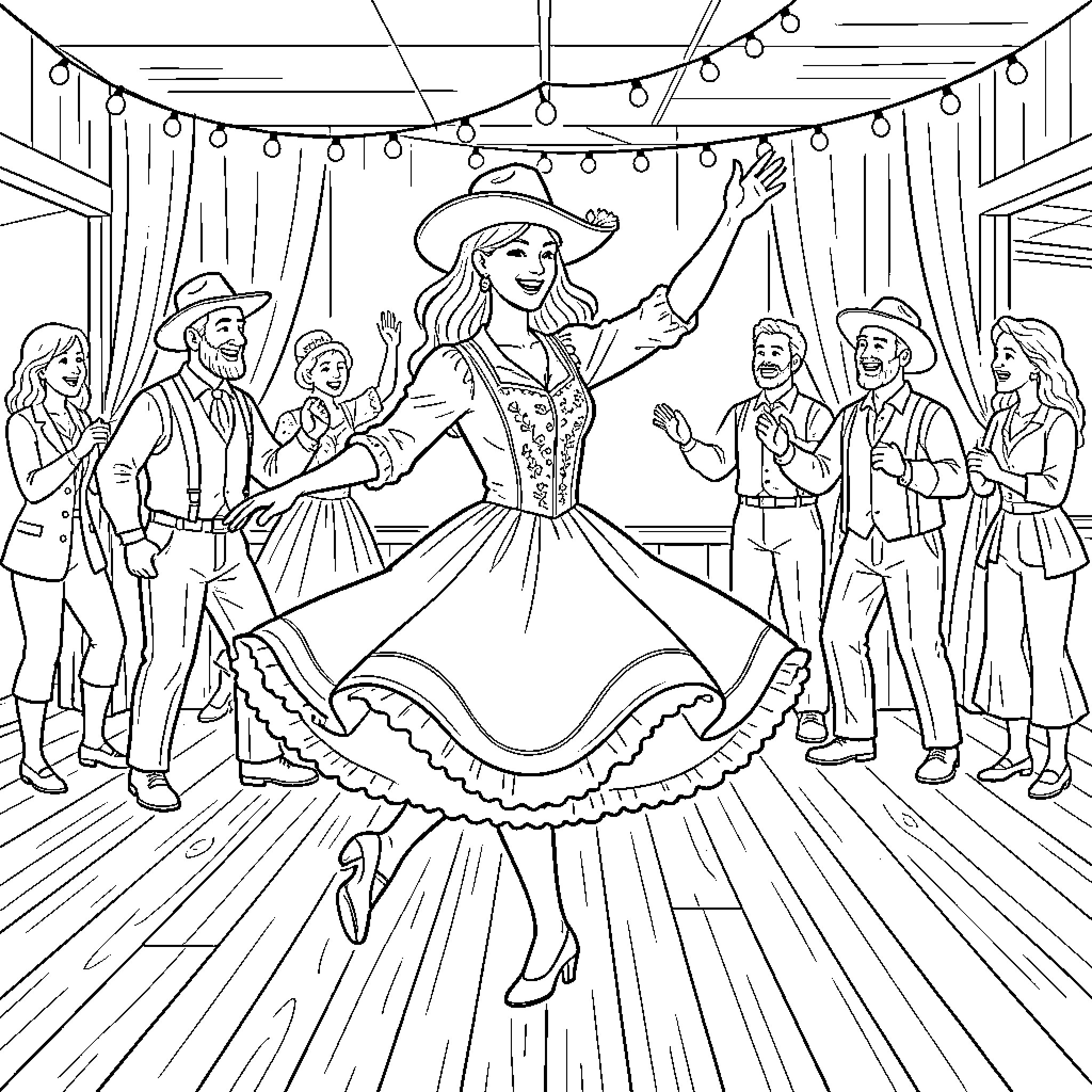 Dancer twirling joyfully during a festive social gathering Coloring Page (free black-and-white line drawing printable PDF for all, from beginners to advanced learners, including children, teens, adults, and seniors)
