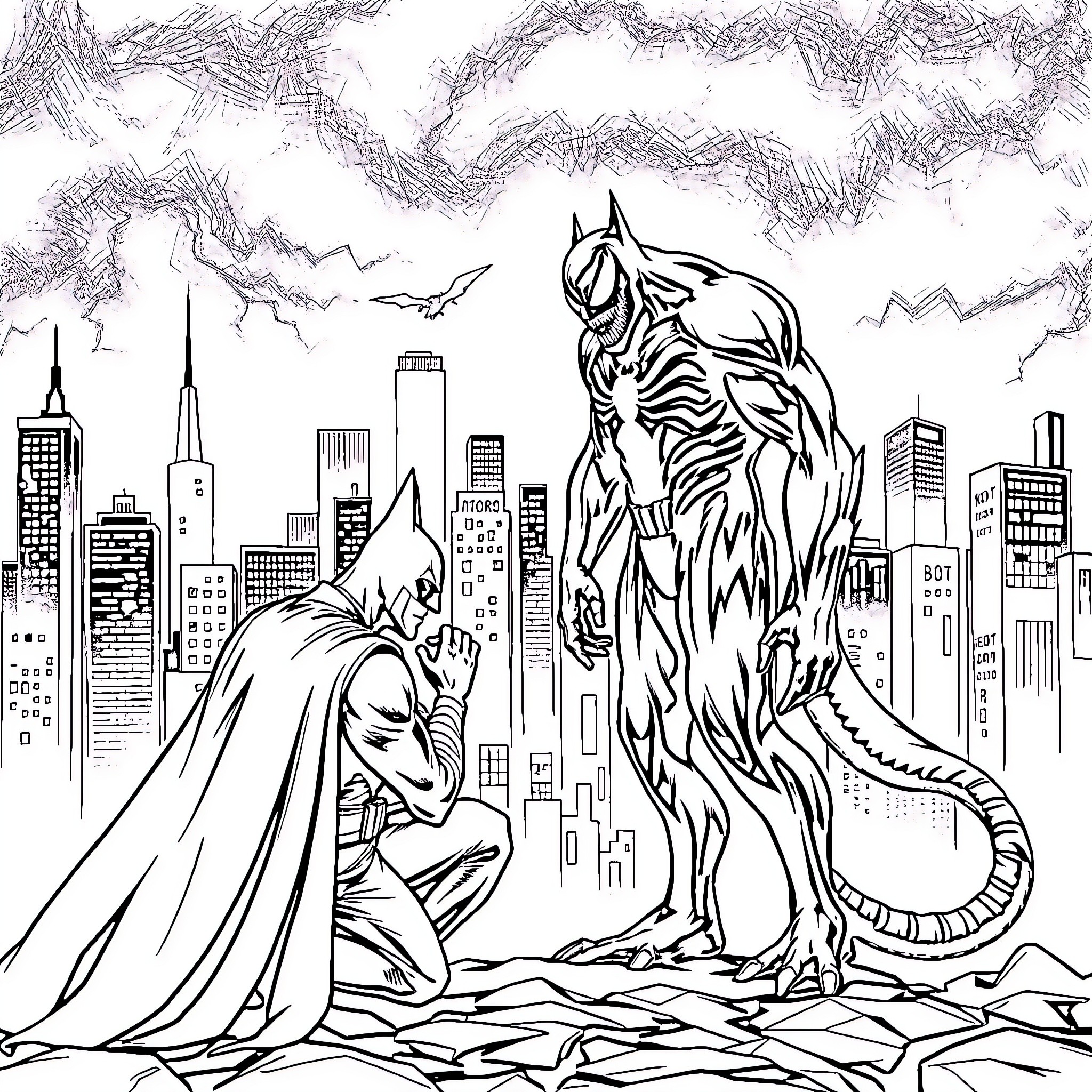 Batman confronting a monstrous foe in the city Coloring Page (free black-and-white line drawing printable PDF for all, from beginners to advanced learners, including children, teens, adults, and seniors)