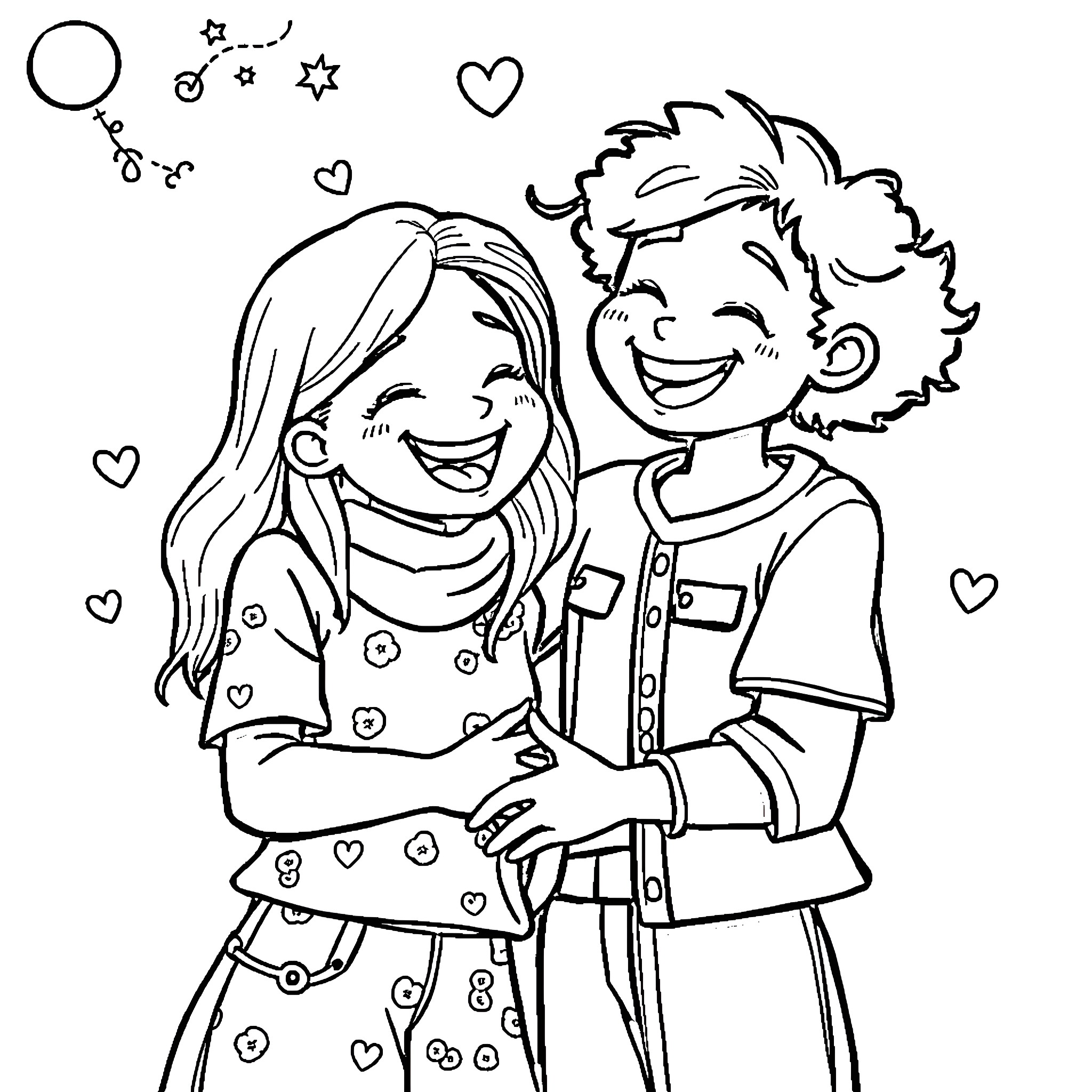 Moment of Joyful Connection between Two Friends Coloring Page (free black-and-white line drawing printable PDF for all, from beginners to advanced learners, including children, teens, adults, and seniors)