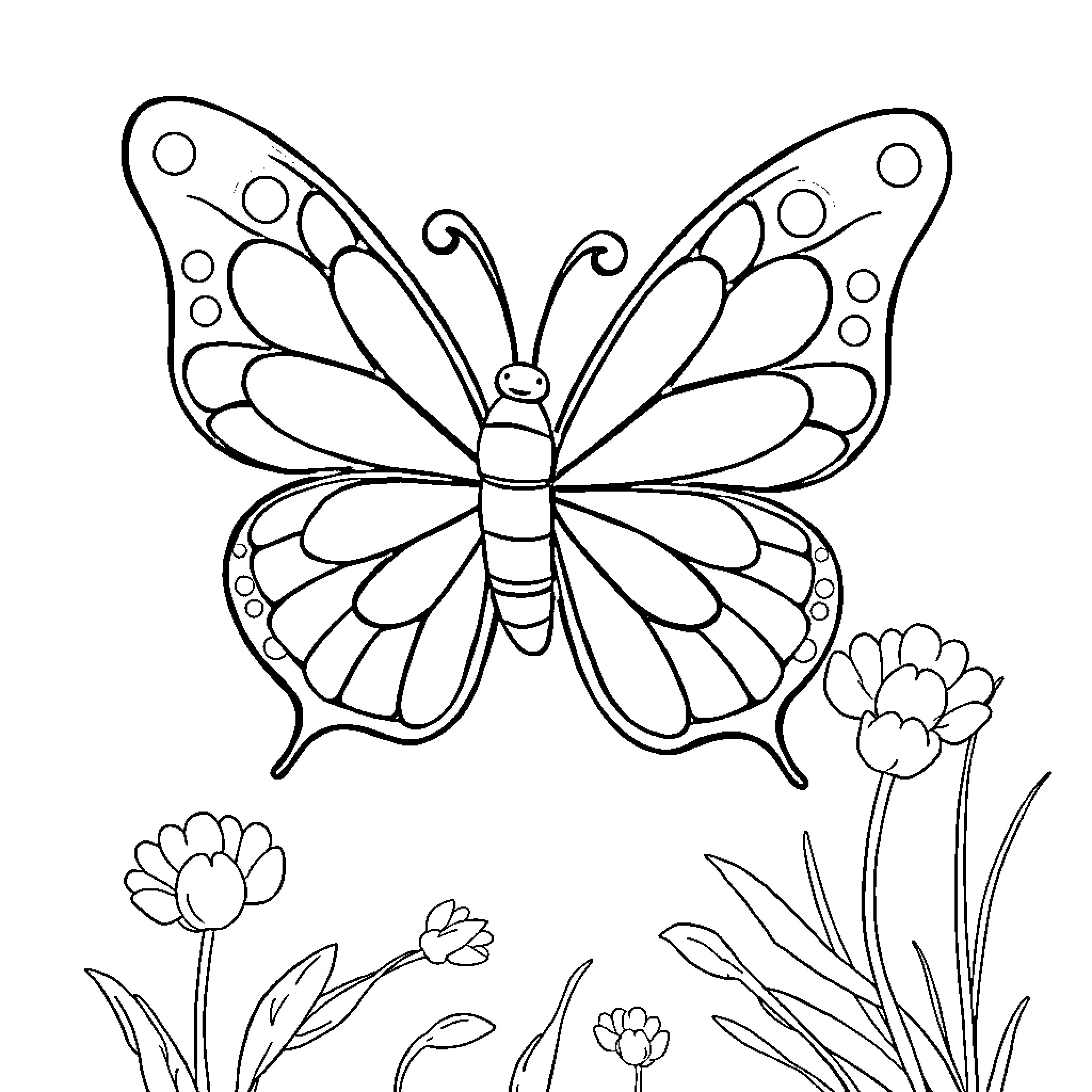 Butterfly amidst flowers and nature Coloring Page (free black-and-white line drawing printable PDF for all, from beginners to advanced learners, including children, teens, adults, and seniors)