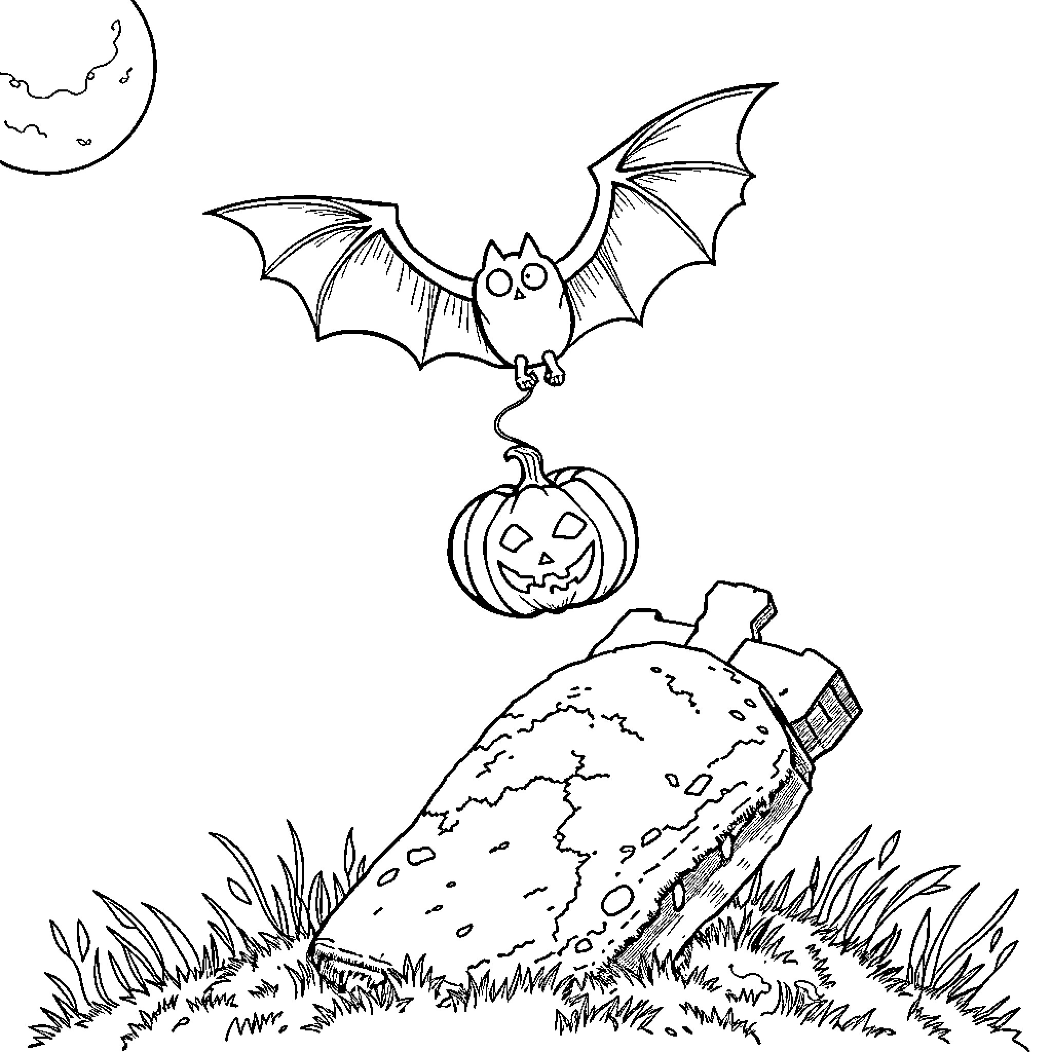 Bat flying over Halloween pumpkin and graveyard Coloring Page (free black-and-white line drawing printable PDF for all, from beginners to advanced learners, including children, teens, adults, and seniors)