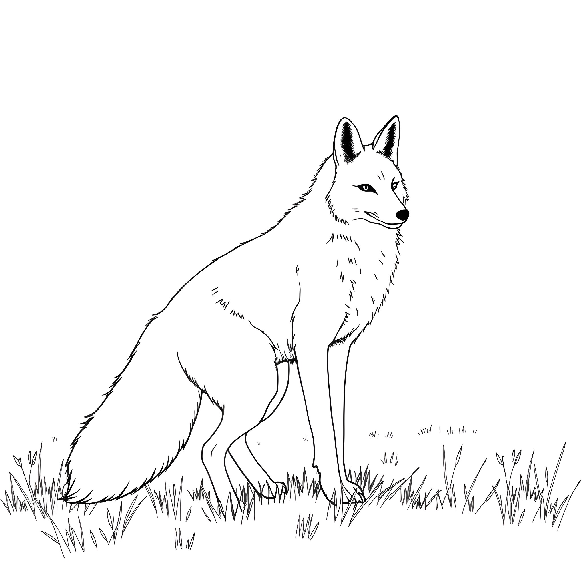 Fox standing proudly in the grassy field Coloring Page (free black-and-white line drawing printable PDF for all, from beginners to advanced learners, including children, teens, adults, and seniors)
