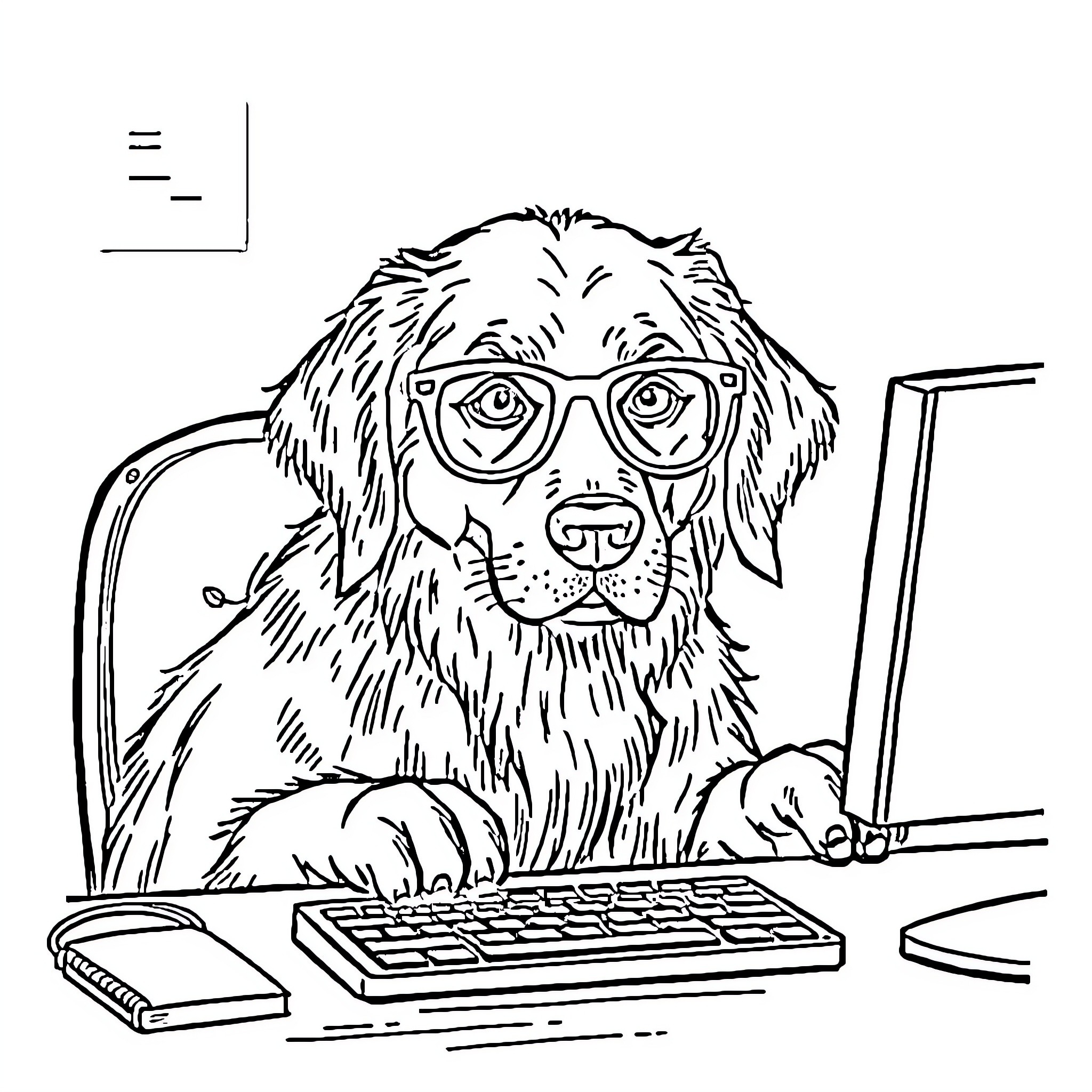 Golden Retriever working diligently at a computer Coloring Page (free black-and-white line drawing printable PDF for all, from beginners to advanced learners, including children, teens, adults, and seniors)