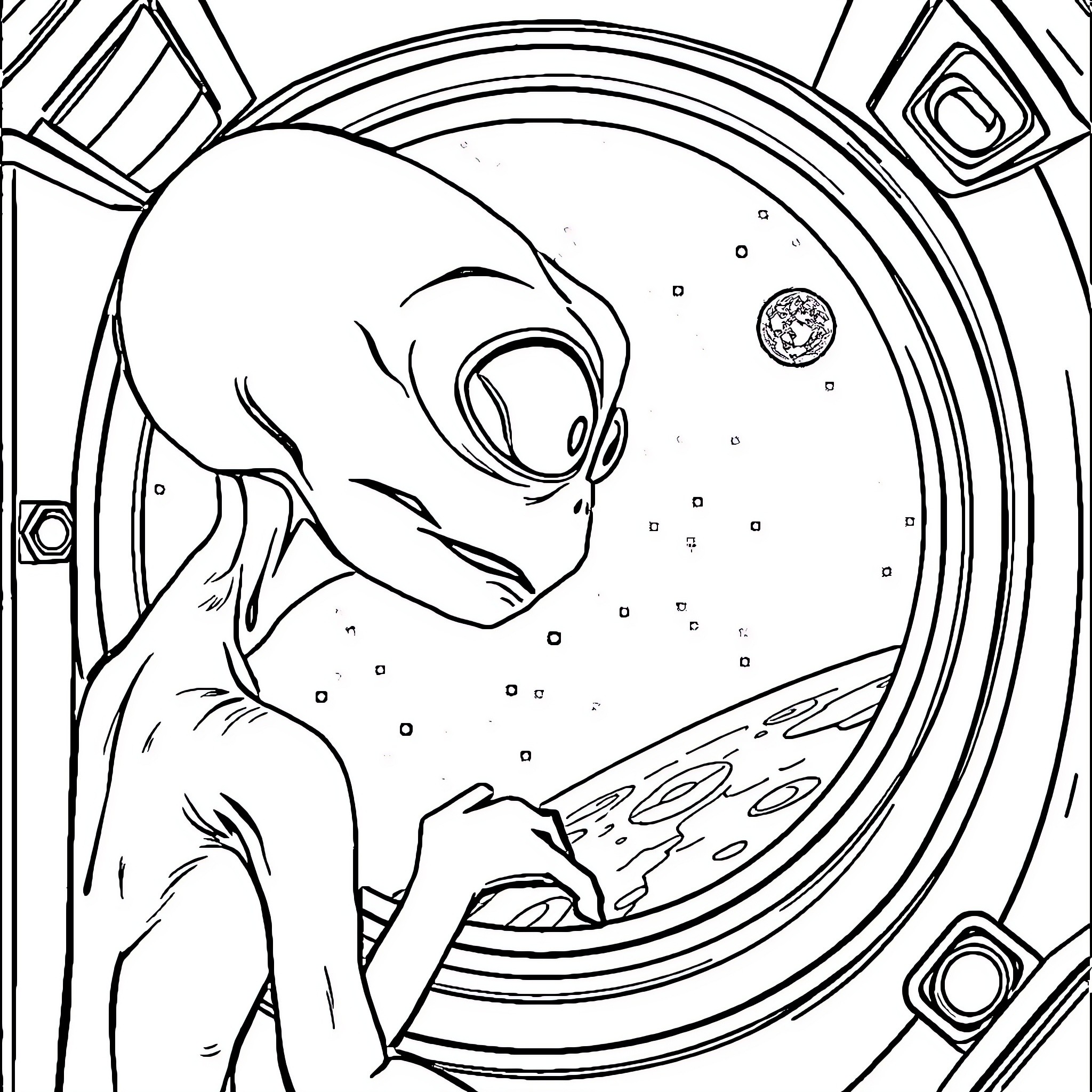 Alien peering through spacecraft window Coloring Page (free black-and-white line drawing printable PDF for all, from beginners to advanced learners, including children, teens, adults, and seniors)