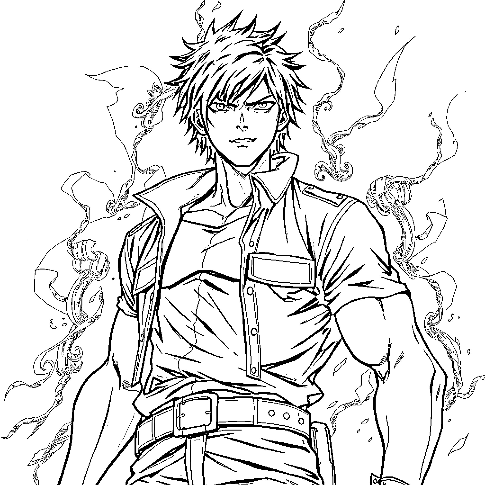 Eren Yeager's Intense Expression and Smoking Persona Coloring Page (free black-and-white line drawing printable PDF for all, from beginners to advanced learners, including children, teens, adults, and seniors)