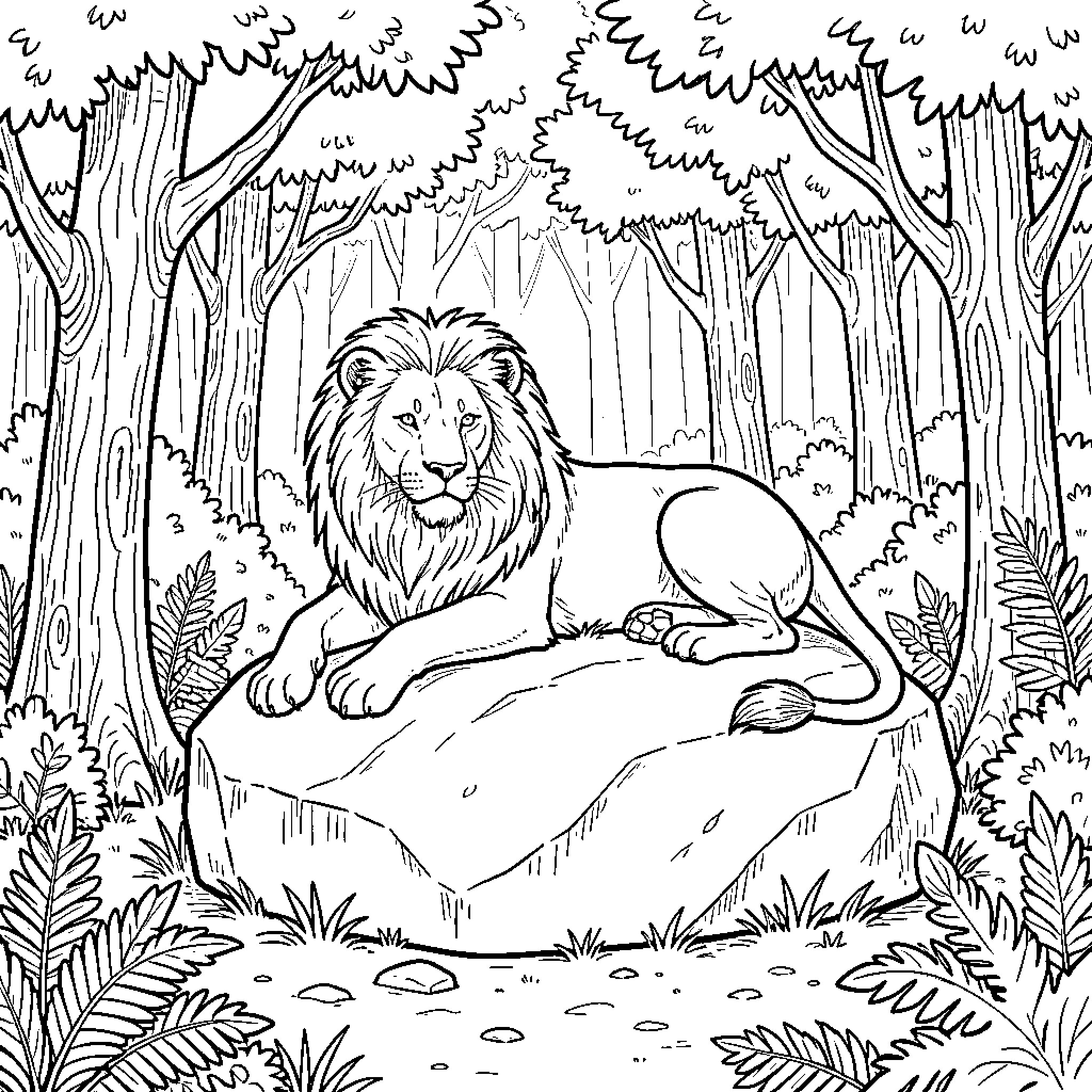 Lion resting calmly on a large rock in the forest Coloring Page (free black-and-white line drawing printable PDF for all, from beginners to advanced learners, including children, teens, adults, and seniors)