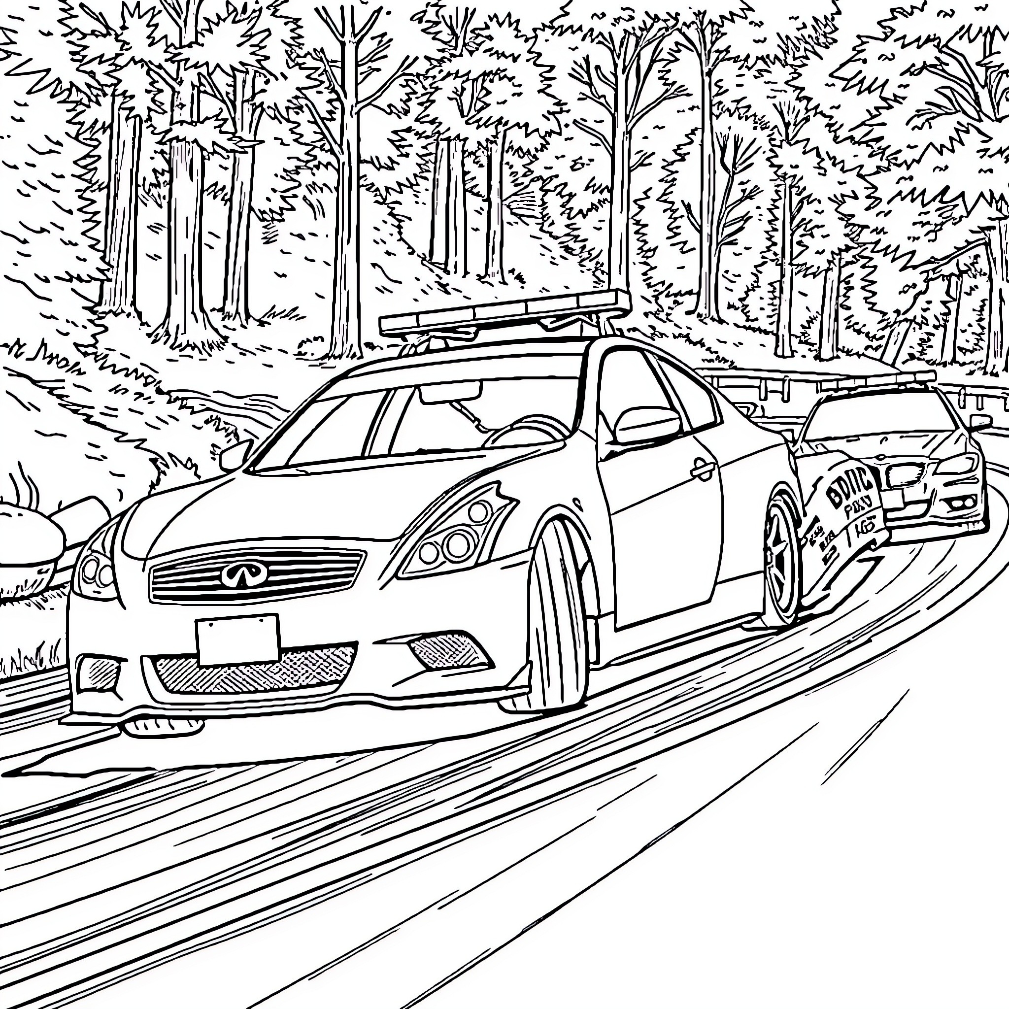 Infiniti sports car racing through forest Coloring Page (free black-and-white line drawing printable PDF for all, from beginners to advanced learners, including children, teens, adults, and seniors)