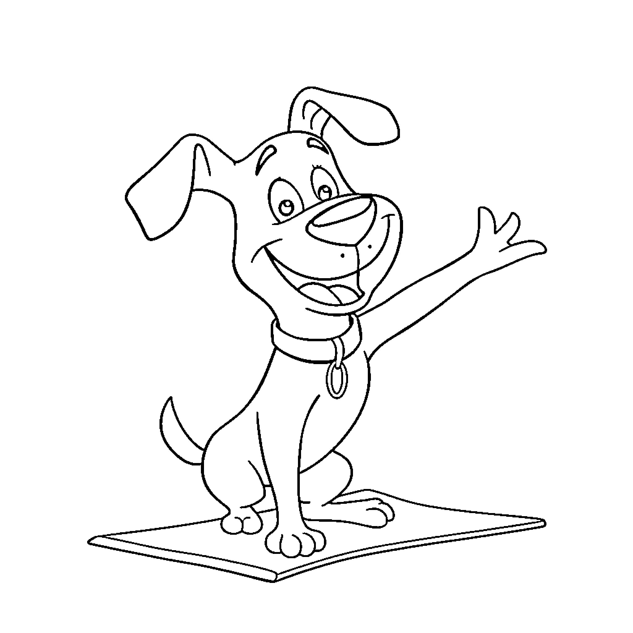 Dog cheerfully waving on a skateboard Coloring Page (free black-and-white line drawing printable PDF for all, from beginners to advanced learners, including children, teens, adults, and seniors)