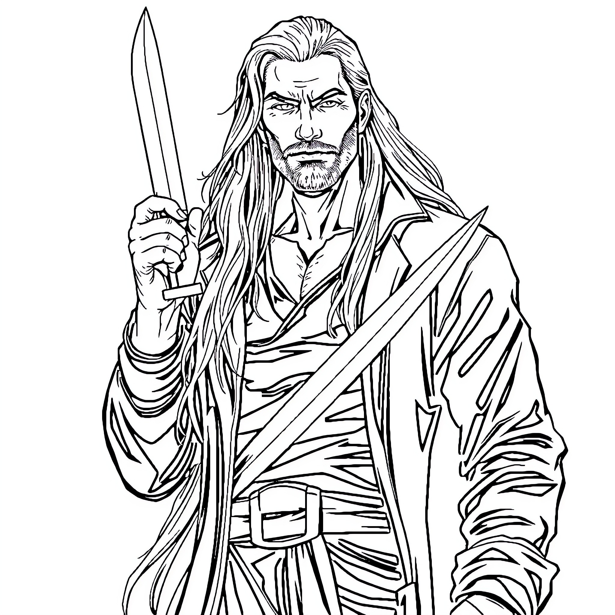 Man with long hair wielding a sword in dramatic pose Coloring Page (free black-and-white line drawing printable PDF for all, from beginners to advanced learners, including children, teens, adults, and seniors)