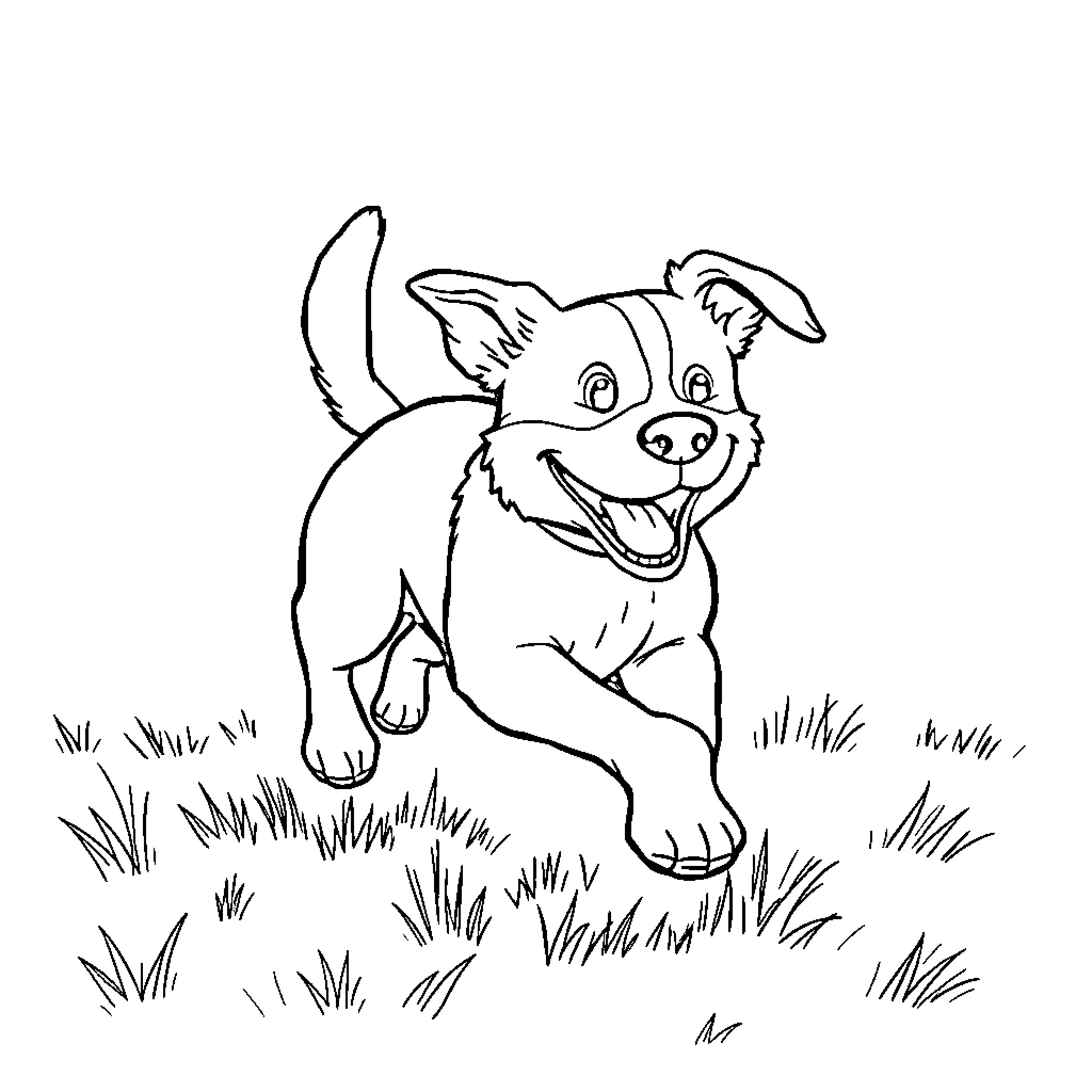 Dog playing joyfully in the grassy field Coloring Page (free black-and-white line drawing printable PDF for all, from beginners to advanced learners, including children, teens, adults, and seniors)