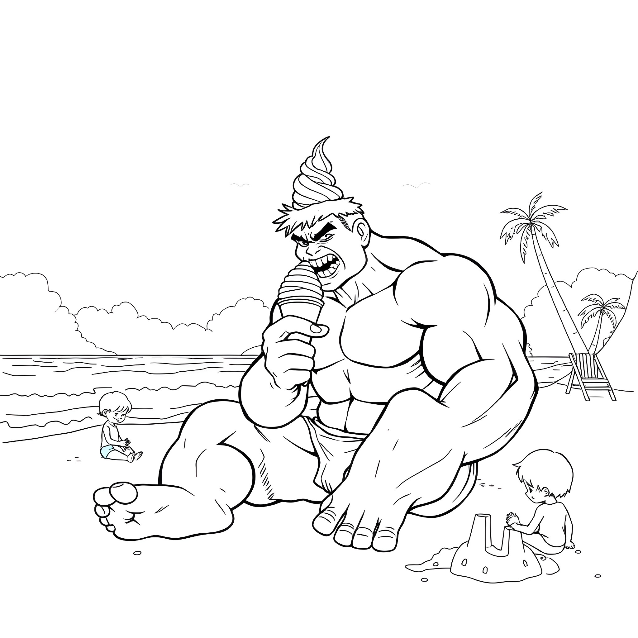 Hulk enjoying an ice cream on the beach Coloring Page (free black-and-white line drawing printable PDF for all, from beginners to advanced learners, including children, teens, adults, and seniors)