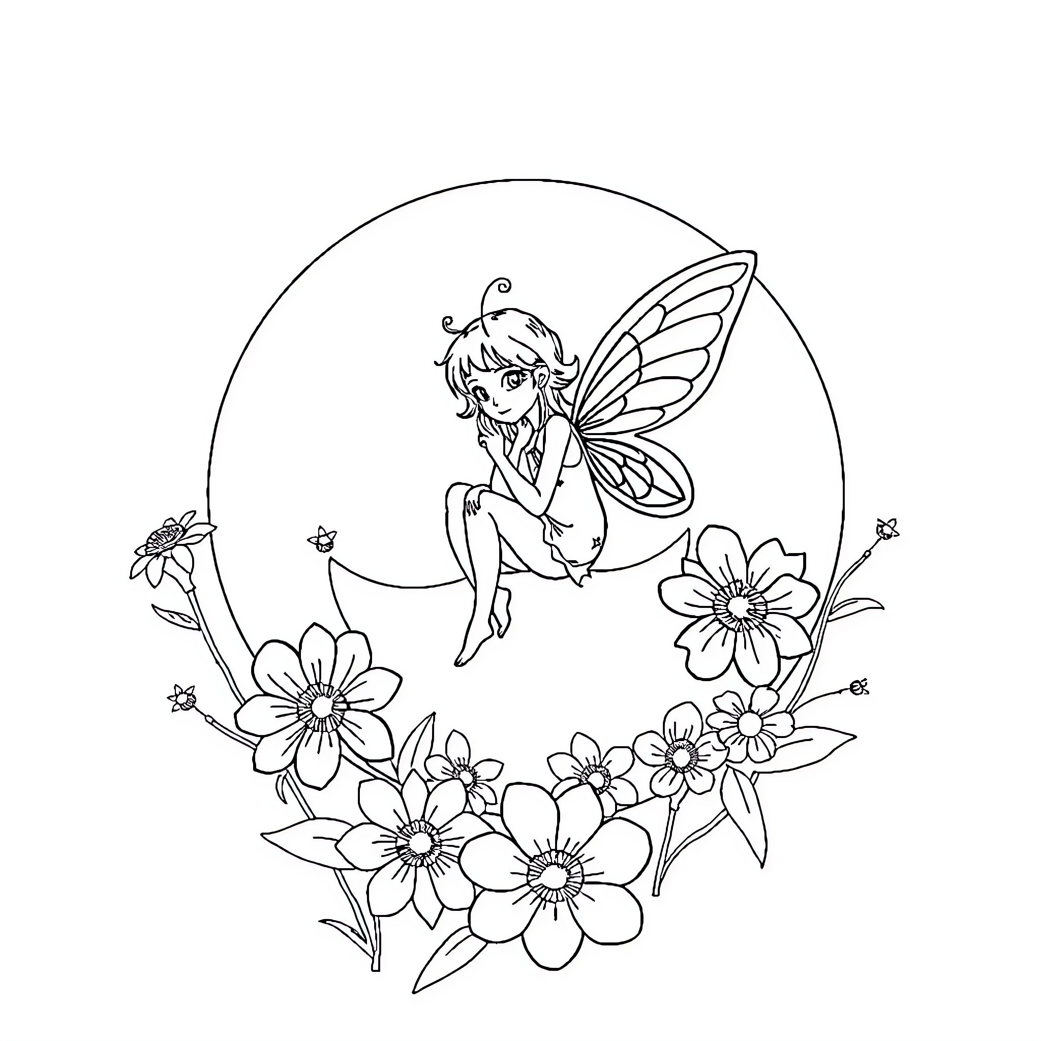 Fairy resting amidst blossoming flowers Coloring Page (free black-and-white line drawing printable PDF for all, from beginners to advanced learners, including children, teens, adults, and seniors)