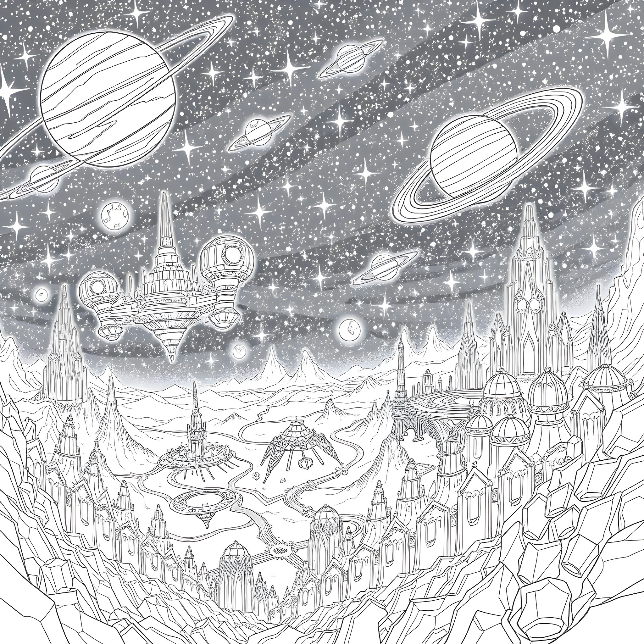 World of Fantastical Space Structures and Celestial Objects Coloring Page (free black-and-white line drawing printable PDF for all, from beginners to advanced learners, including children, teens, adults, and seniors)
