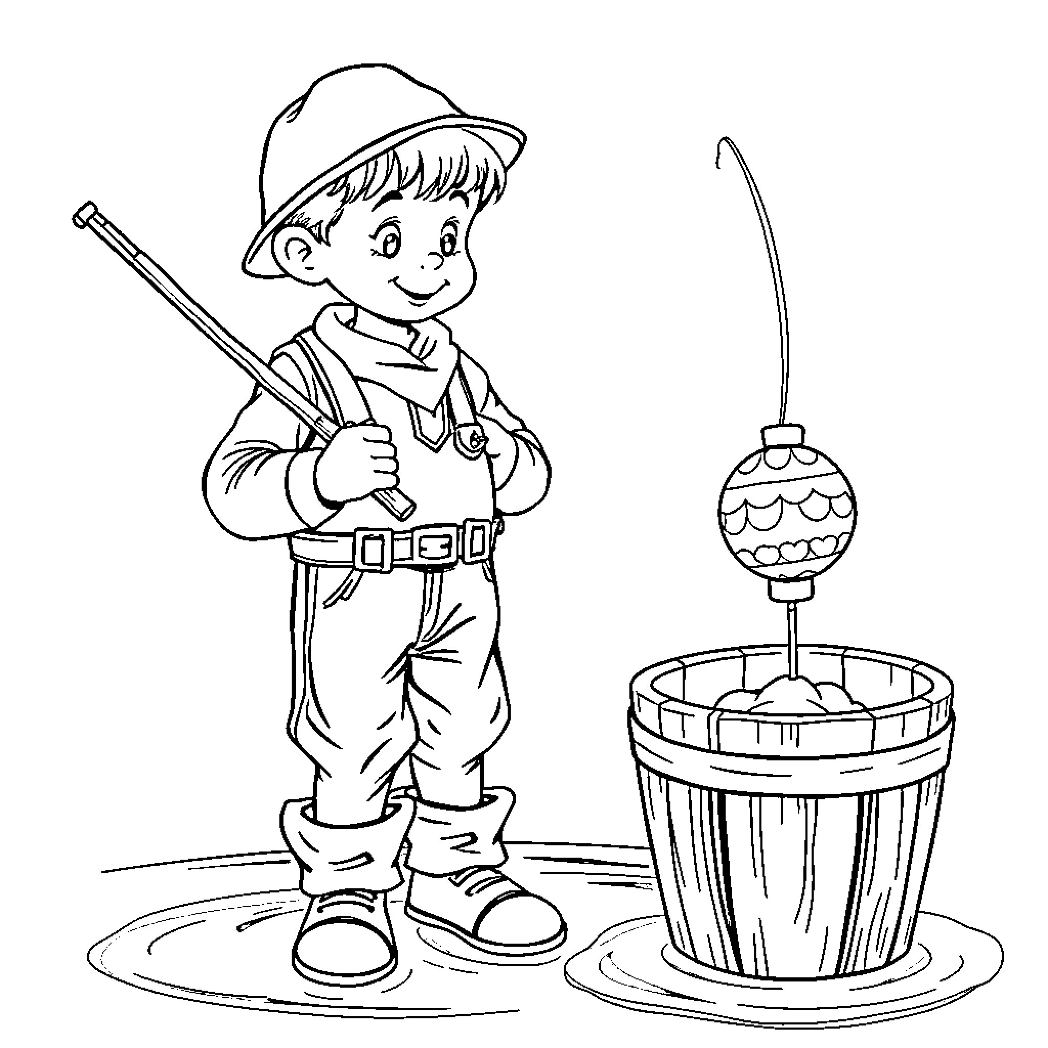 Boy fishing with decorative bobber Coloring Page (free black-and-white line drawing printable PDF for all, from beginners to advanced learners, including children, teens, adults, and seniors)