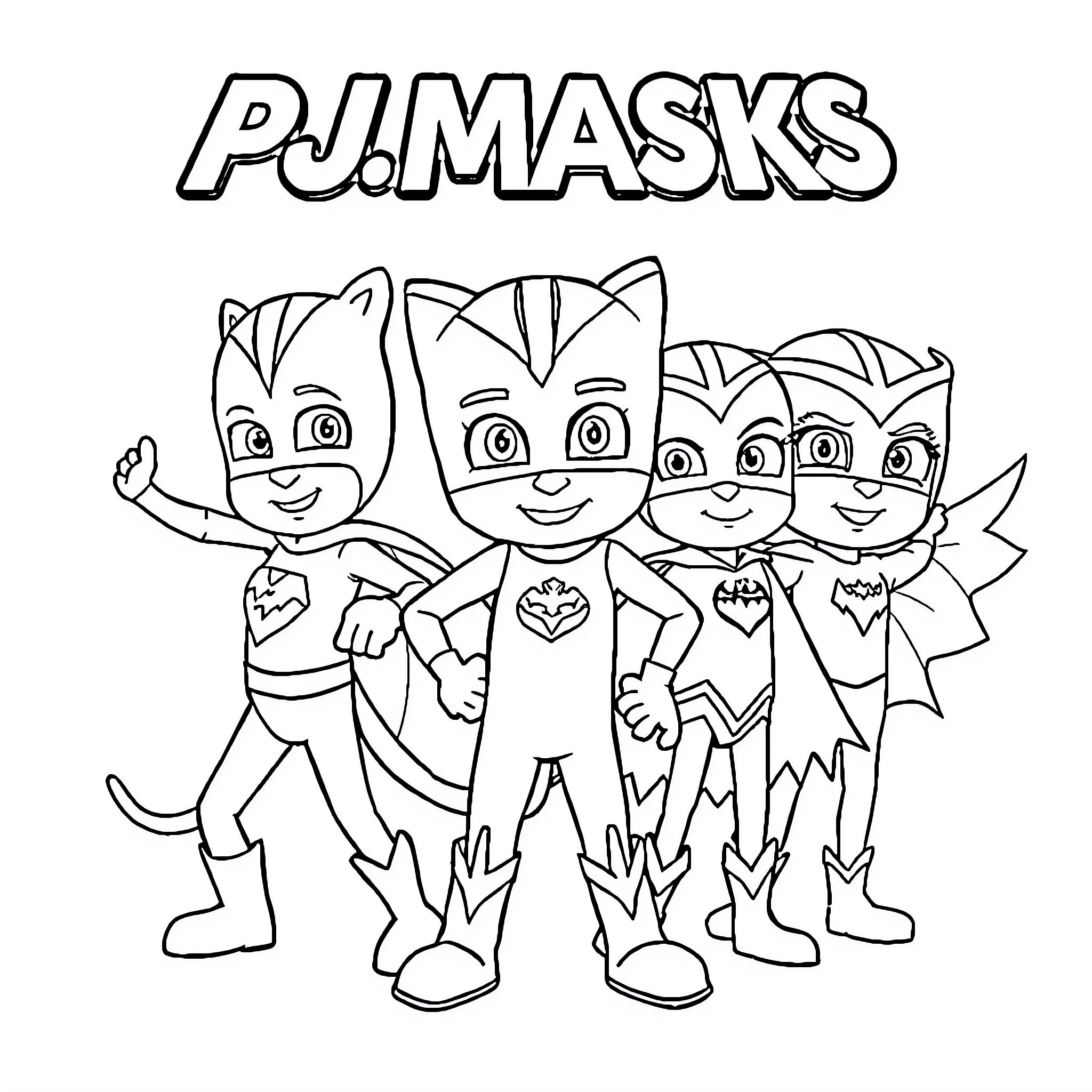 Pj Masks characters in action pose Coloring Page (free black-and-white line drawing printable PDF for all, from beginners to advanced learners, including children, teens, adults, and seniors)