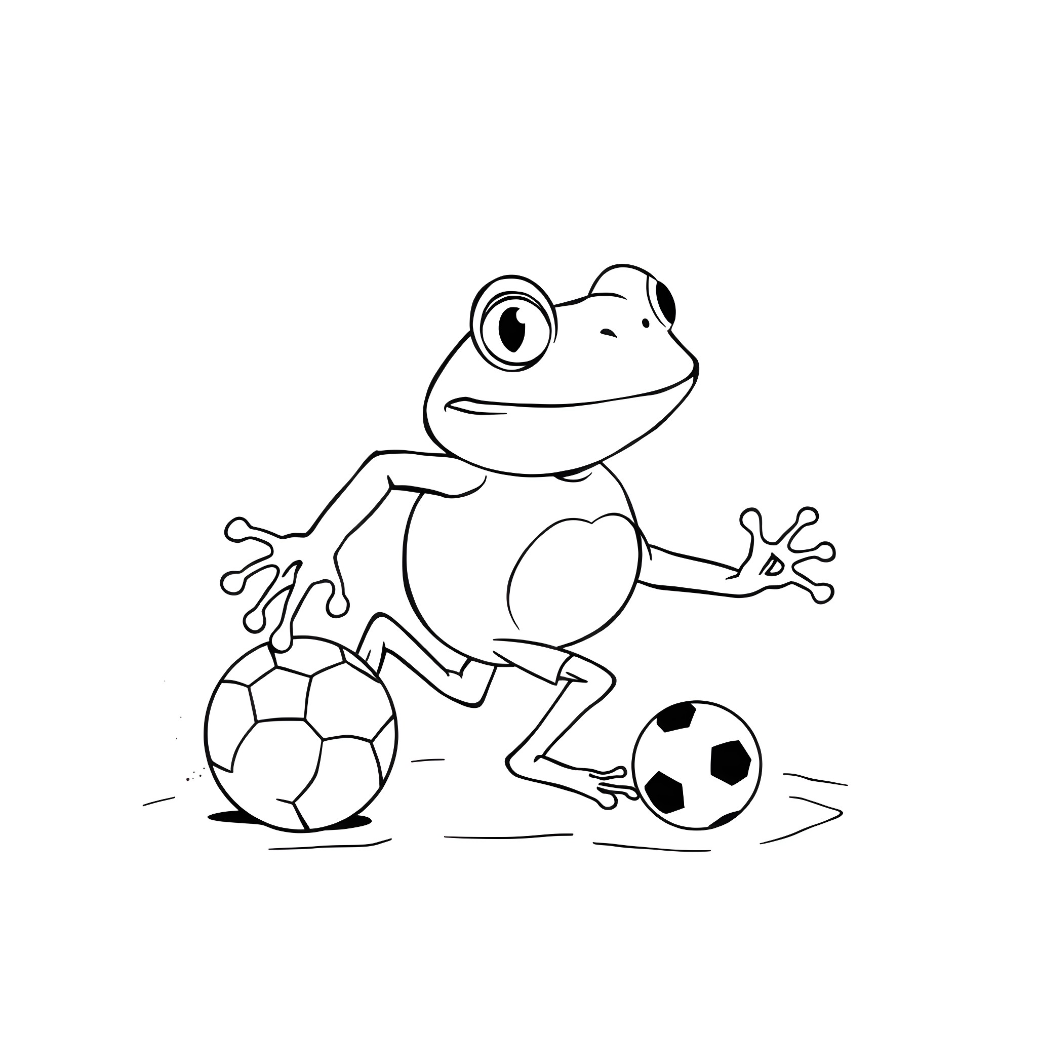 Frog playing happily with soccer balls Coloring Page (free black-and-white line drawing printable PDF for all, from beginners to advanced learners, including children, teens, adults, and seniors)