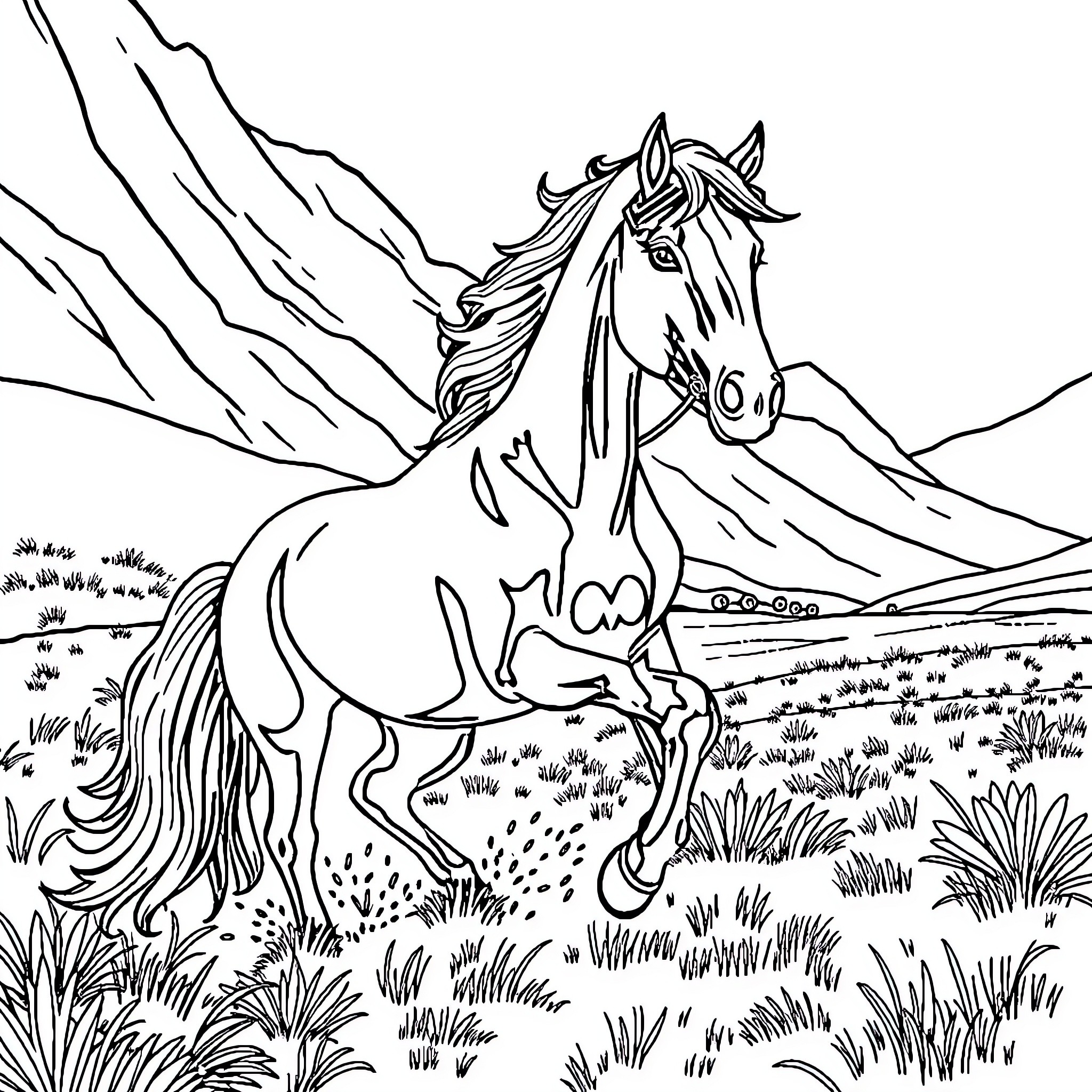 Horse Running Freely in Mountain Landscape Coloring Page (free black-and-white line drawing printable PDF for all, from beginners to advanced learners, including children, teens, adults, and seniors)