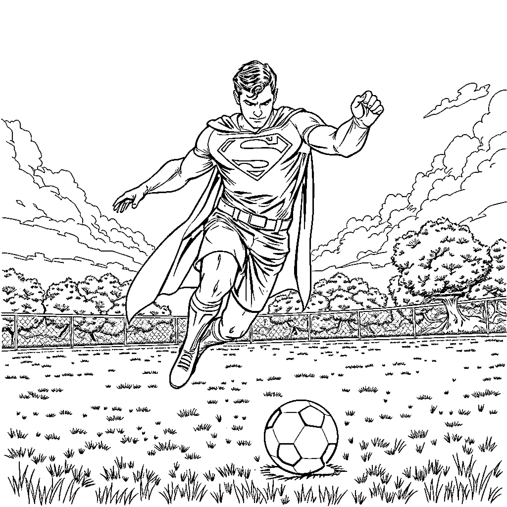 Superman playing soccer in the park Coloring Page (free black-and-white line drawing printable PDF for all, from beginners to advanced learners, including children, teens, adults, and seniors)