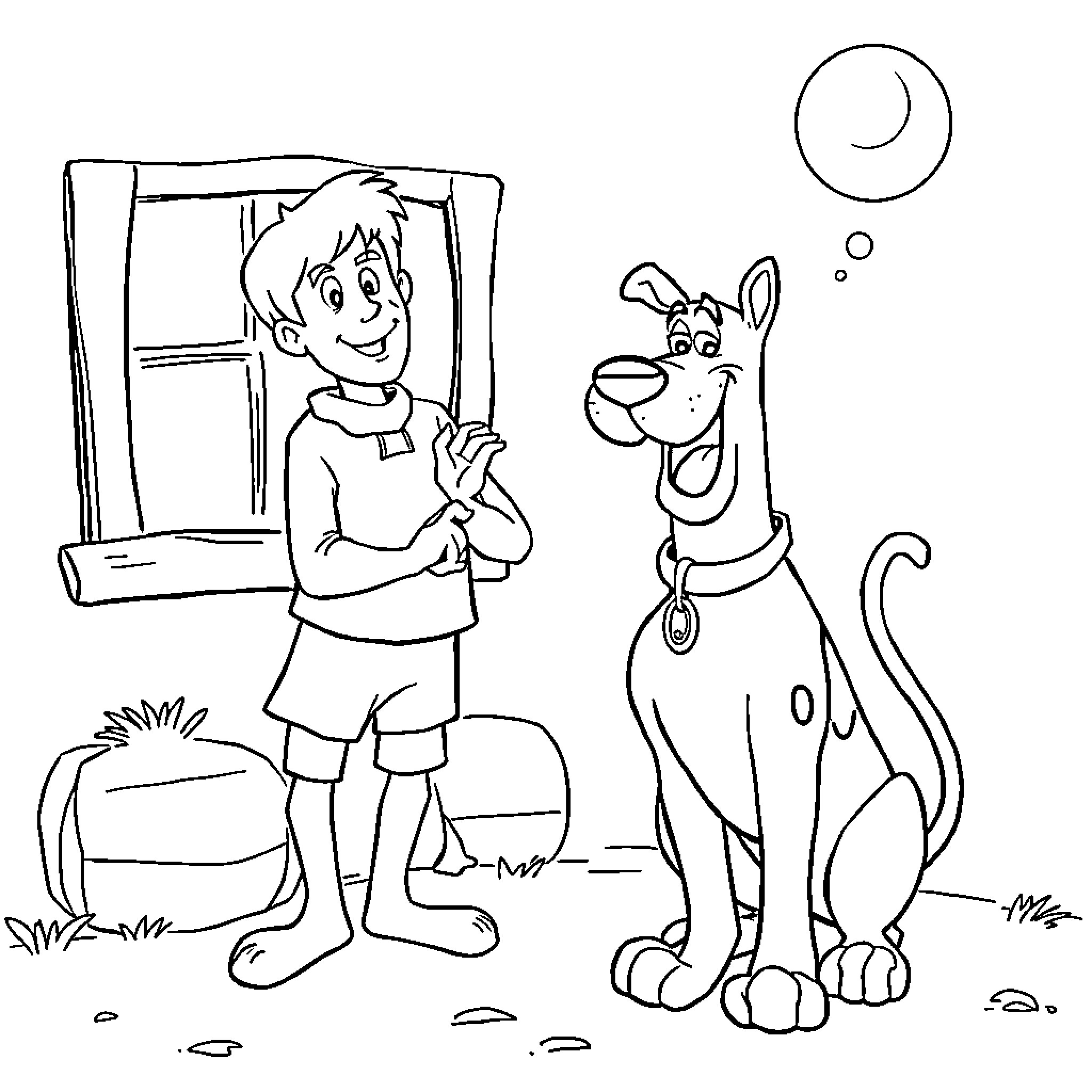 Scooby Doo and the Boy's Fun Adventure Coloring Page (free black-and-white line drawing printable PDF for all, from beginners to advanced learners, including children, teens, adults, and seniors)
