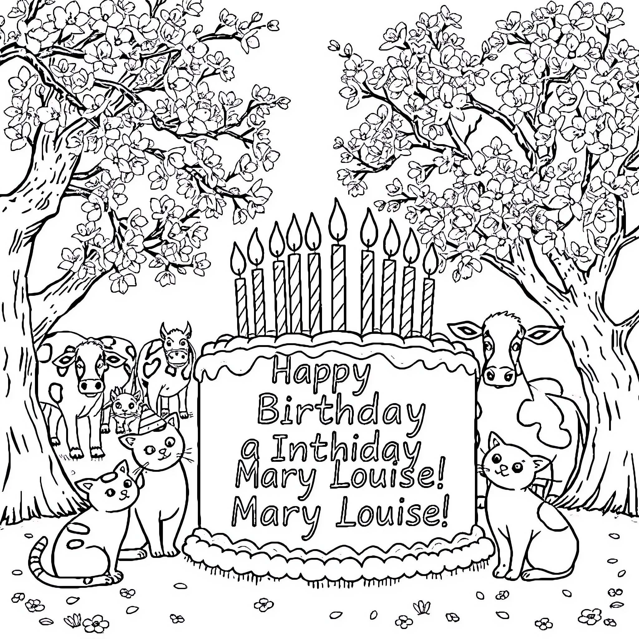 Birthday Cake with Animals Celebrating in Nature Coloring Page (free black-and-white line drawing printable PDF for all, from beginners to advanced learners, including children, teens, adults, and seniors)
