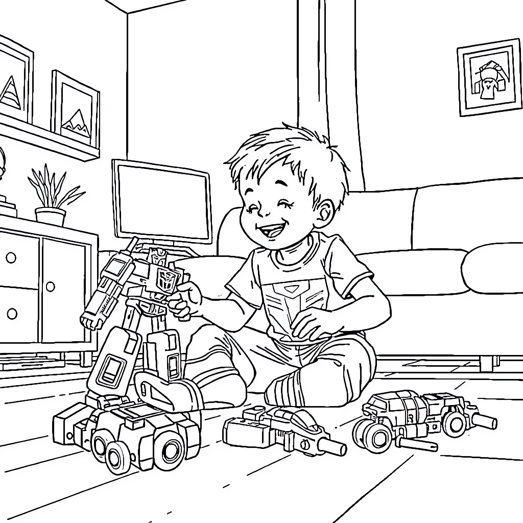 Boy playing happily with toys in his room Coloring Page (free black-and-white line drawing printable PDF for all, from beginners to advanced learners, including children, teens, adults, and seniors)