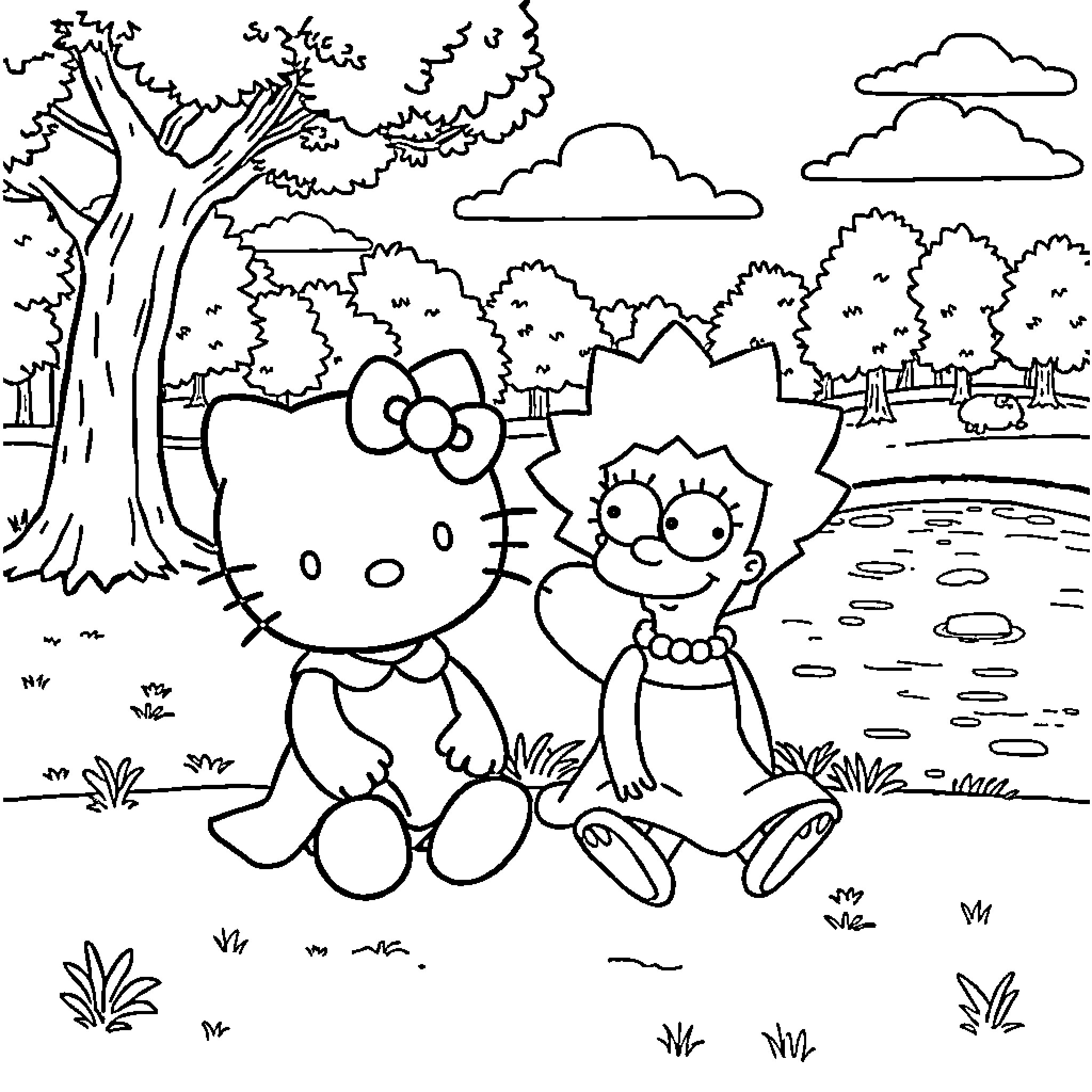 Hello Kitty and Bart playing in the park Coloring Page (free black-and-white line drawing printable PDF for all, from beginners to advanced learners, including children, teens, adults, and seniors)