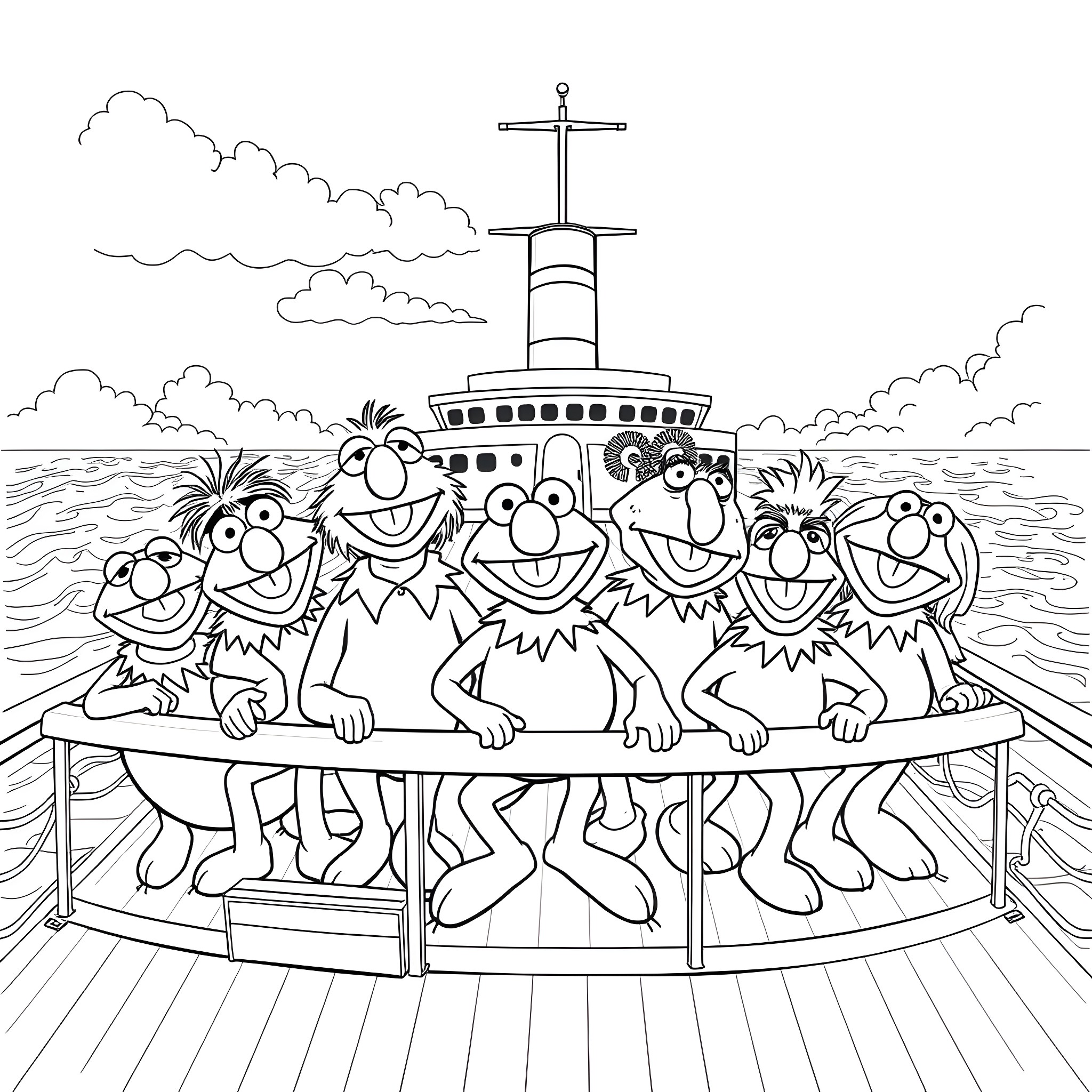 Muppets Celebrating on a Cruise Ship Coloring Page (free black-and-white line drawing printable PDF for all, from beginners to advanced learners, including children, teens, adults, and seniors)
