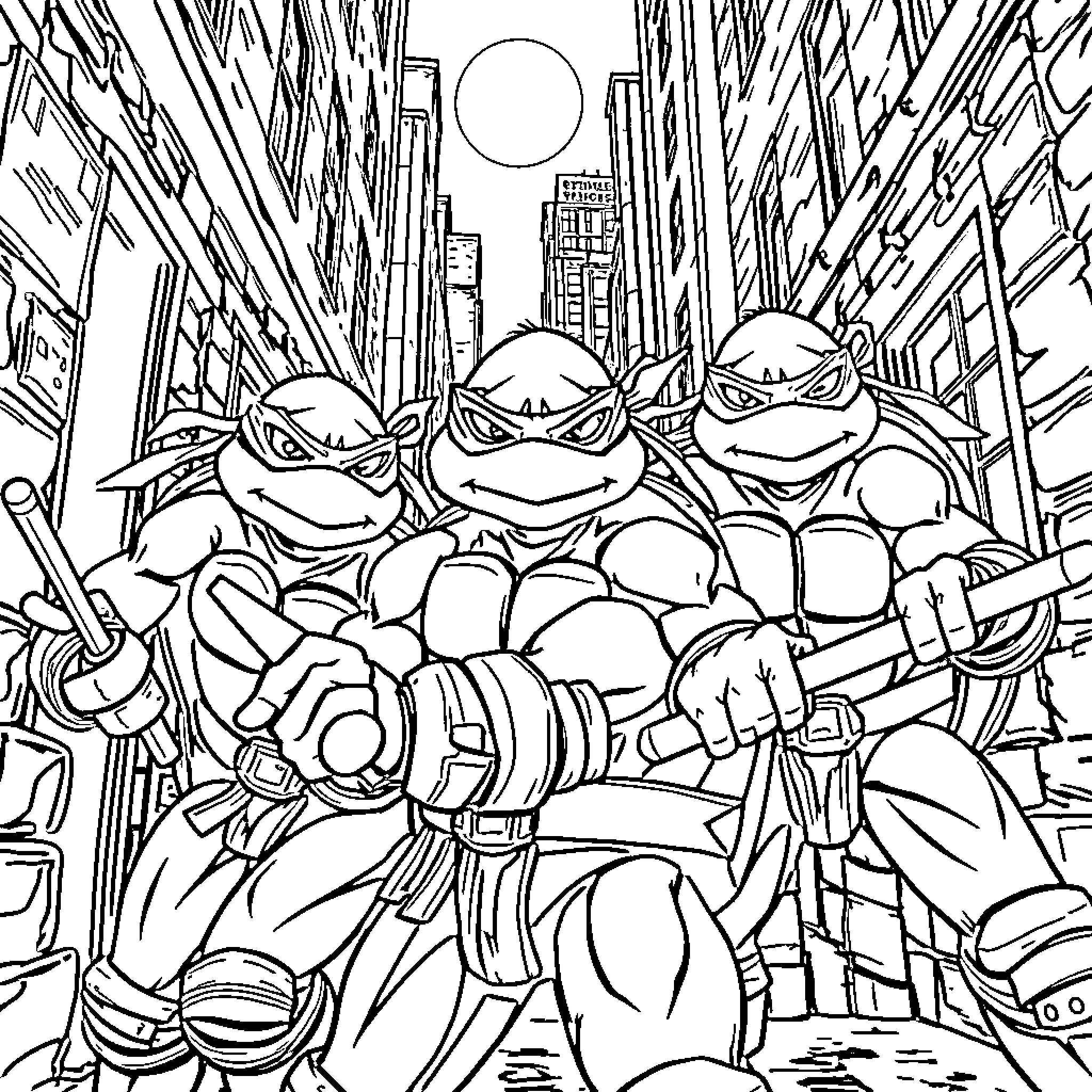 Teenage Mutant Ninja Turtles battling in the city streets Coloring Page (free black-and-white line drawing printable PDF for all, from beginners to advanced learners, including children, teens, adults, and seniors)
