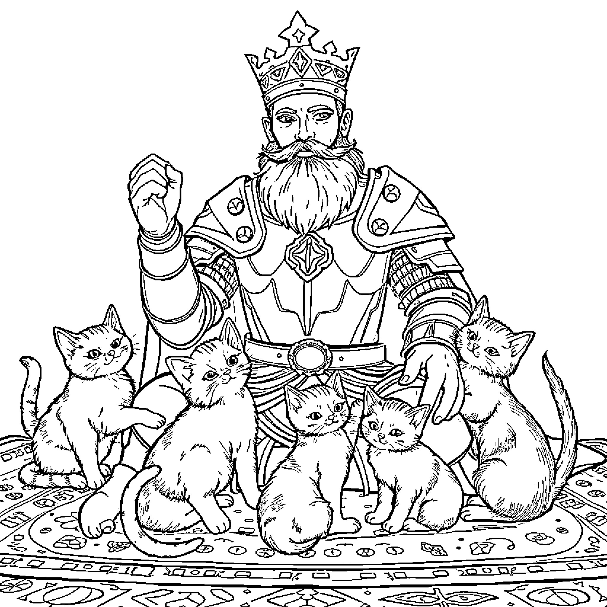 King Surrounded by Regal Kittens on Ornate Rug Coloring Page (free black-and-white line drawing printable PDF for all, from beginners to advanced learners, including children, teens, adults, and seniors)