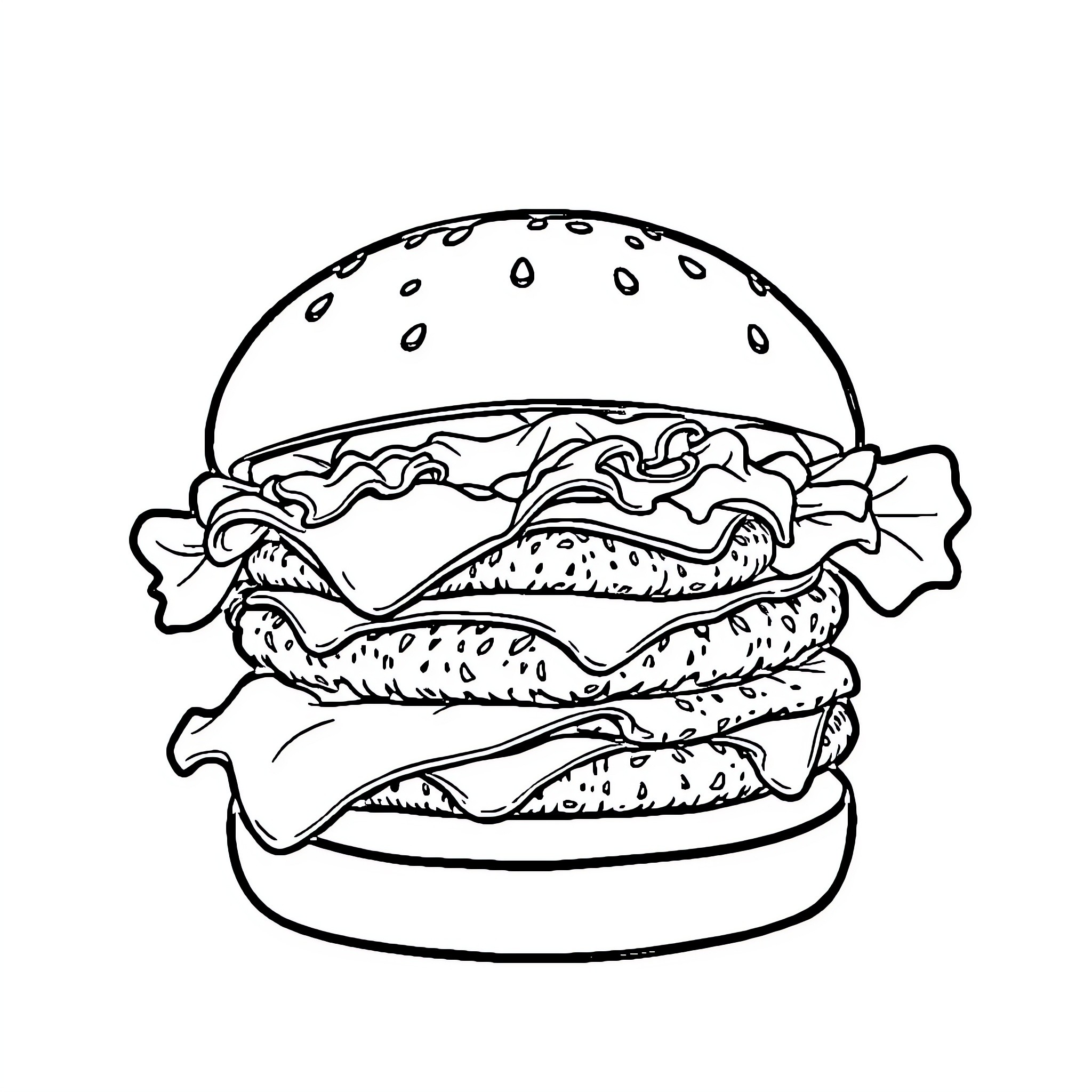 Hamburger with delicious layered ingredients Coloring Page (free black-and-white line drawing printable PDF for all, from beginners to advanced learners, including children, teens, adults, and seniors)