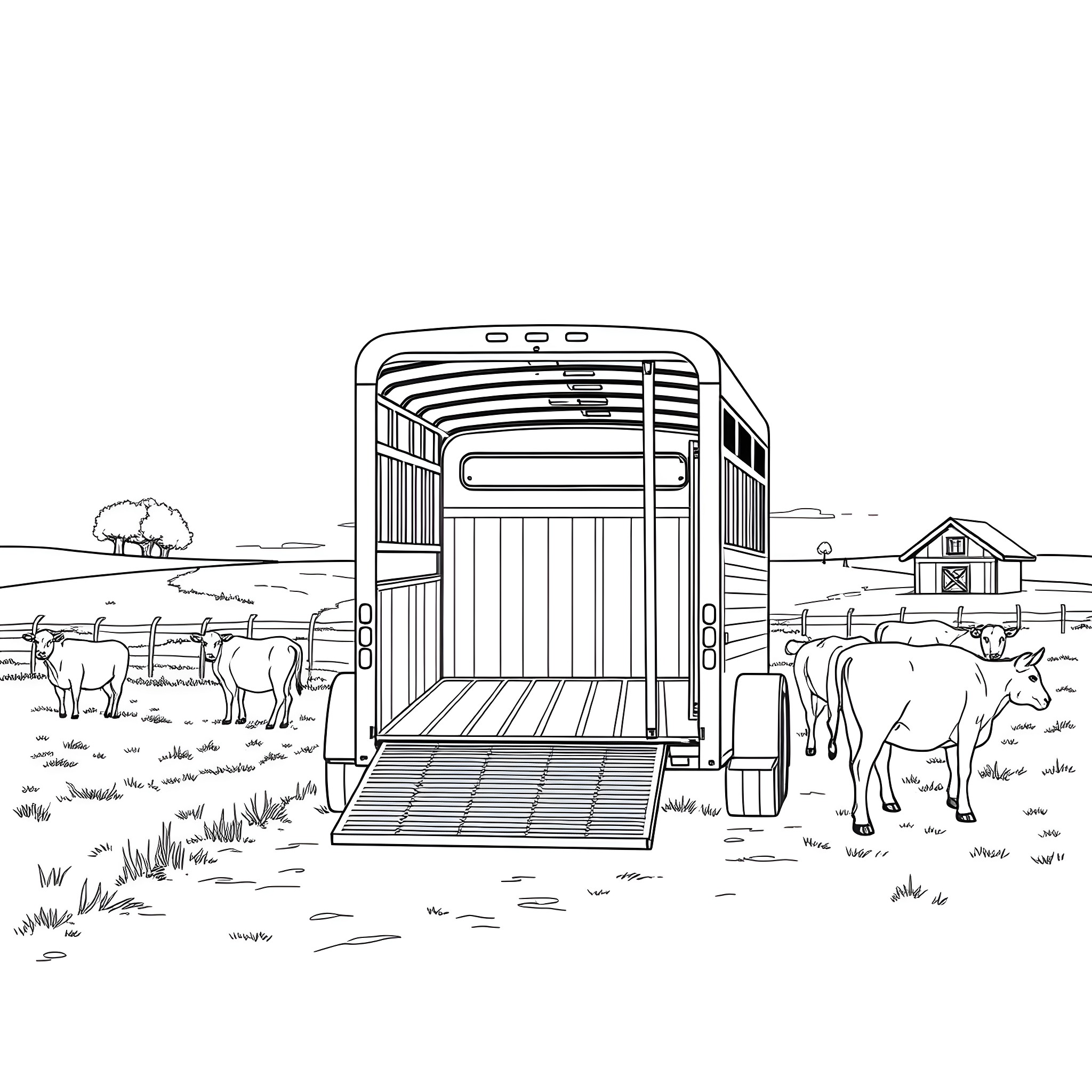 Gooseneck Trailer Transporting Livestock in Countryside Coloring Page (free black-and-white line drawing printable PDF for all, from beginners to advanced learners, including children, teens, adults, and seniors)