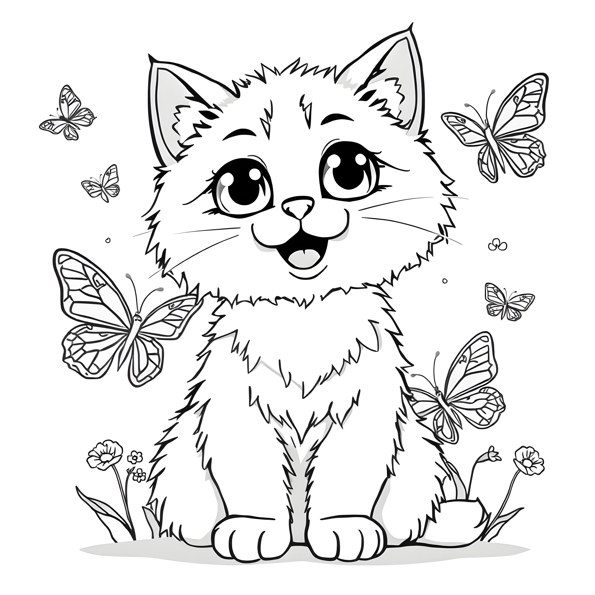 Cat delighted by butterflies in the garden Coloring Page (free black-and-white line drawing printable PDF for all, from beginners to advanced learners, including children, teens, adults, and seniors)