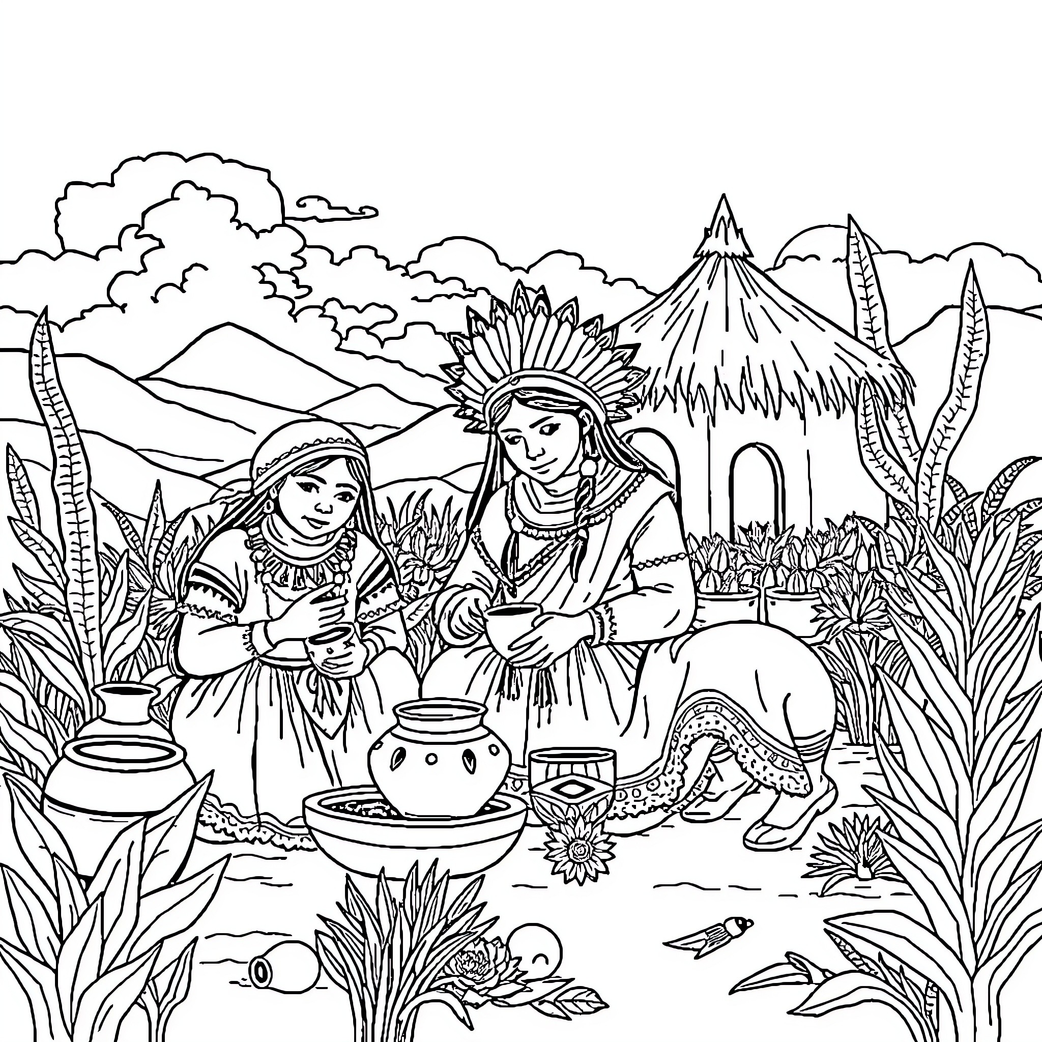 Maya and friend exploring an exotic landscape Coloring Page (free black-and-white line drawing printable PDF for all, from beginners to advanced learners, including children, teens, adults, and seniors)