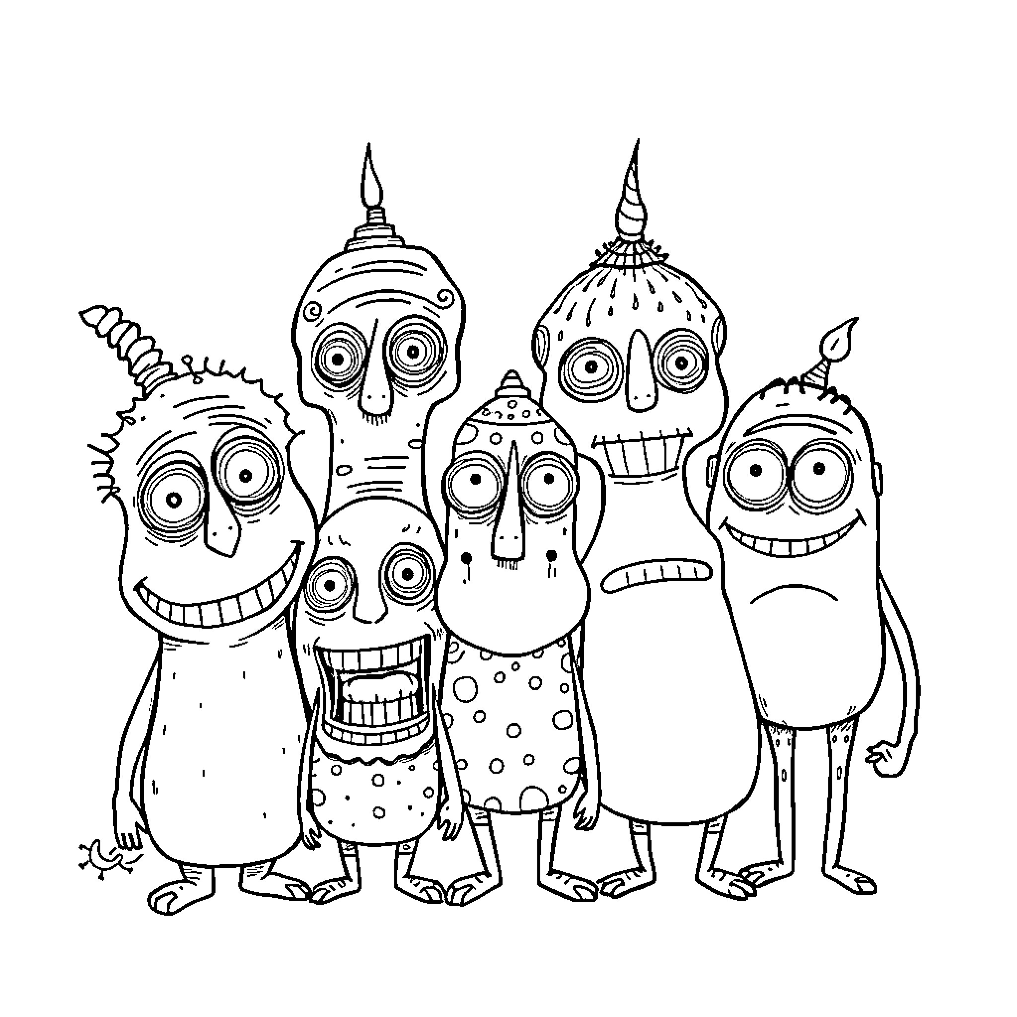 Doodle of quirky monsters posing together with funny expressions Coloring Page (free black-and-white line drawing printable PDF for all, from beginners to advanced learners, including children, teens, adults, and seniors)
