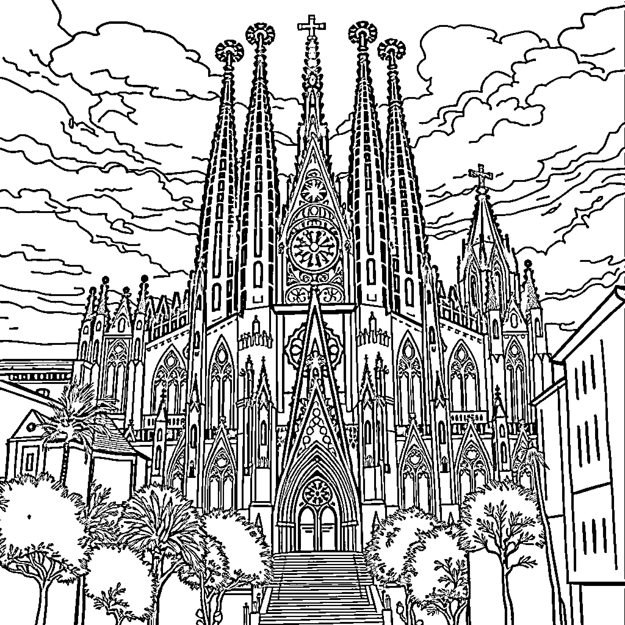 Cathedral with intricate Gothic architecture Coloring Page (free black-and-white line drawing printable PDF for all, from beginners to advanced learners, including children, teens, adults, and seniors)