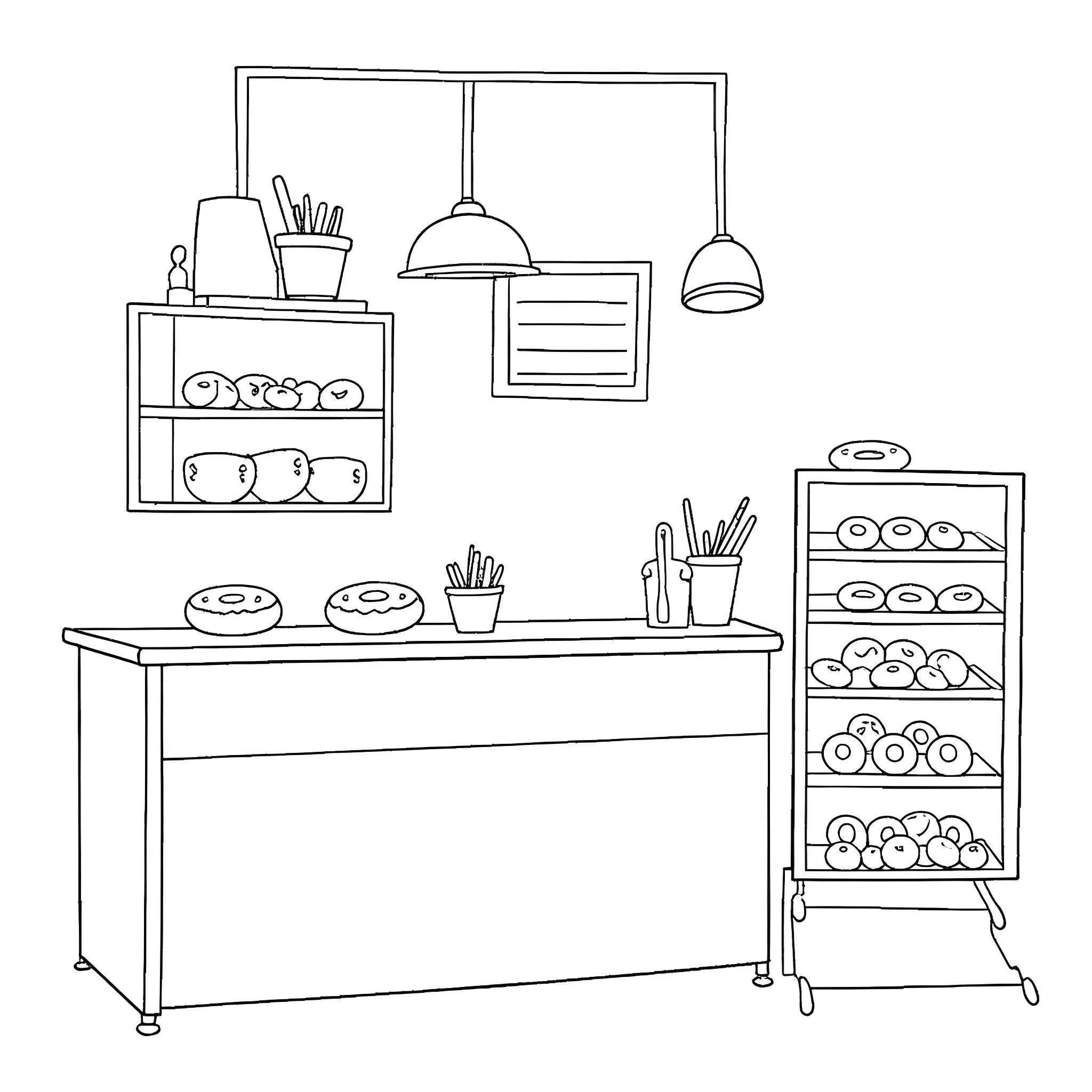 Donut Shop Workplace Setup Coloring Page (free black-and-white line drawing printable PDF for all, from beginners to advanced learners, including children, teens, adults, and seniors)
