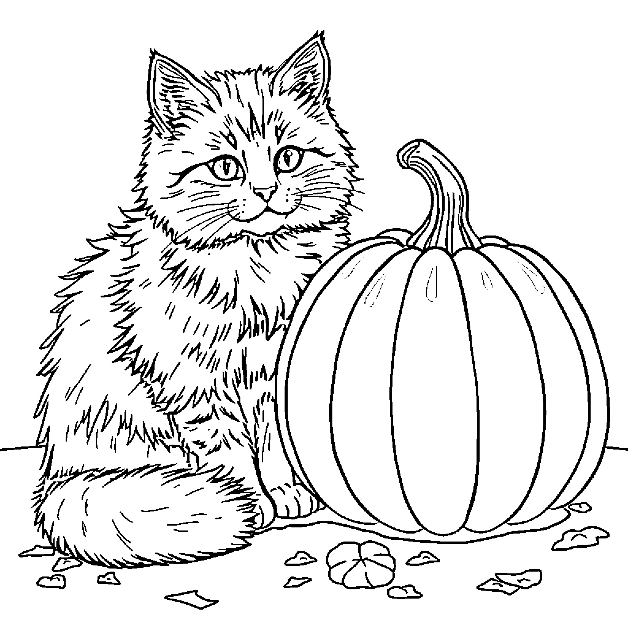 Cat with pumpkin in autumn scene Coloring Page (free black-and-white line drawing printable PDF for all, from beginners to advanced learners, including children, teens, adults, and seniors)