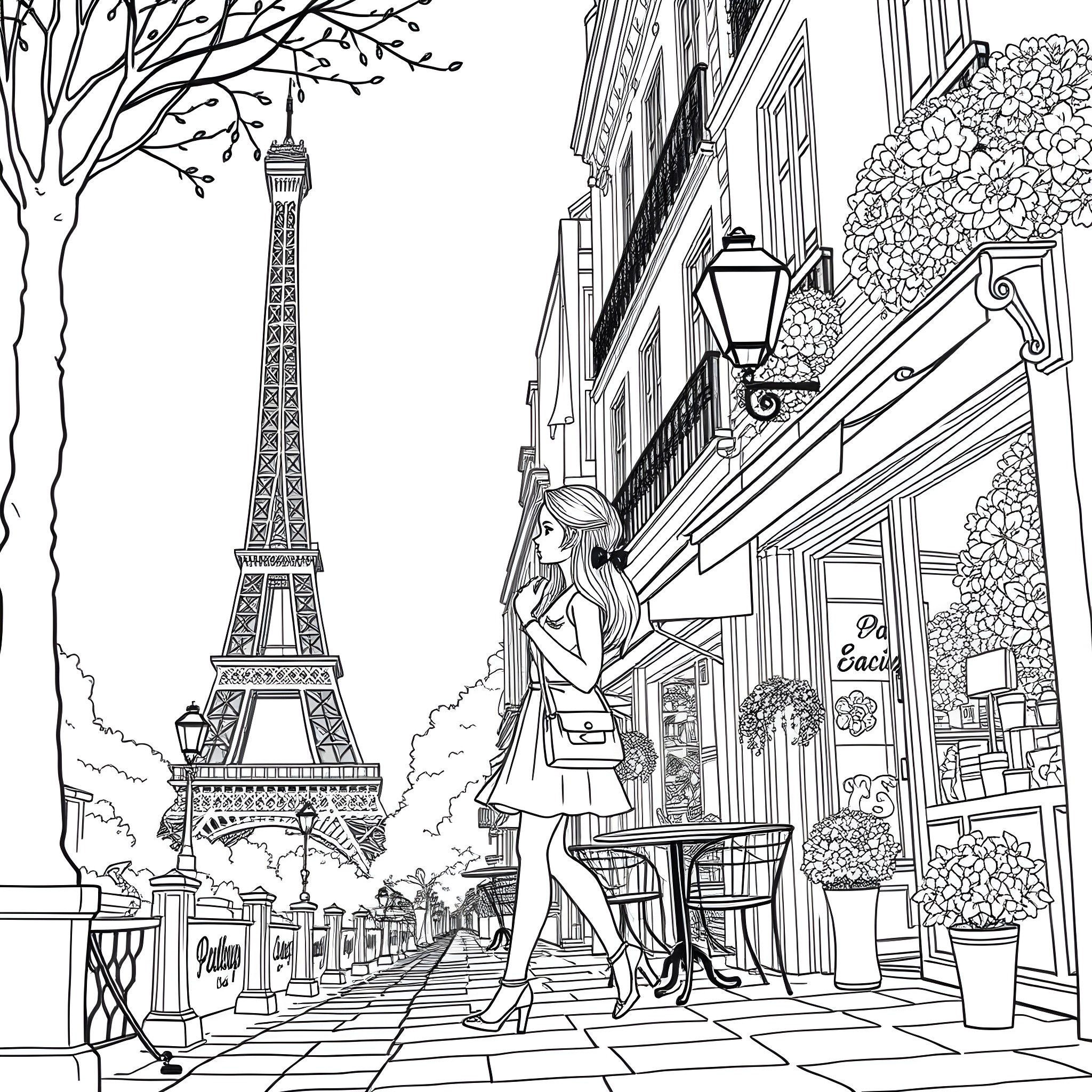 American Girl Doll exploring Parisian street with Eiffel Tower Coloring Page (free black-and-white line drawing printable PDF for all, from beginners to advanced learners, including children, teens, adults, and seniors)