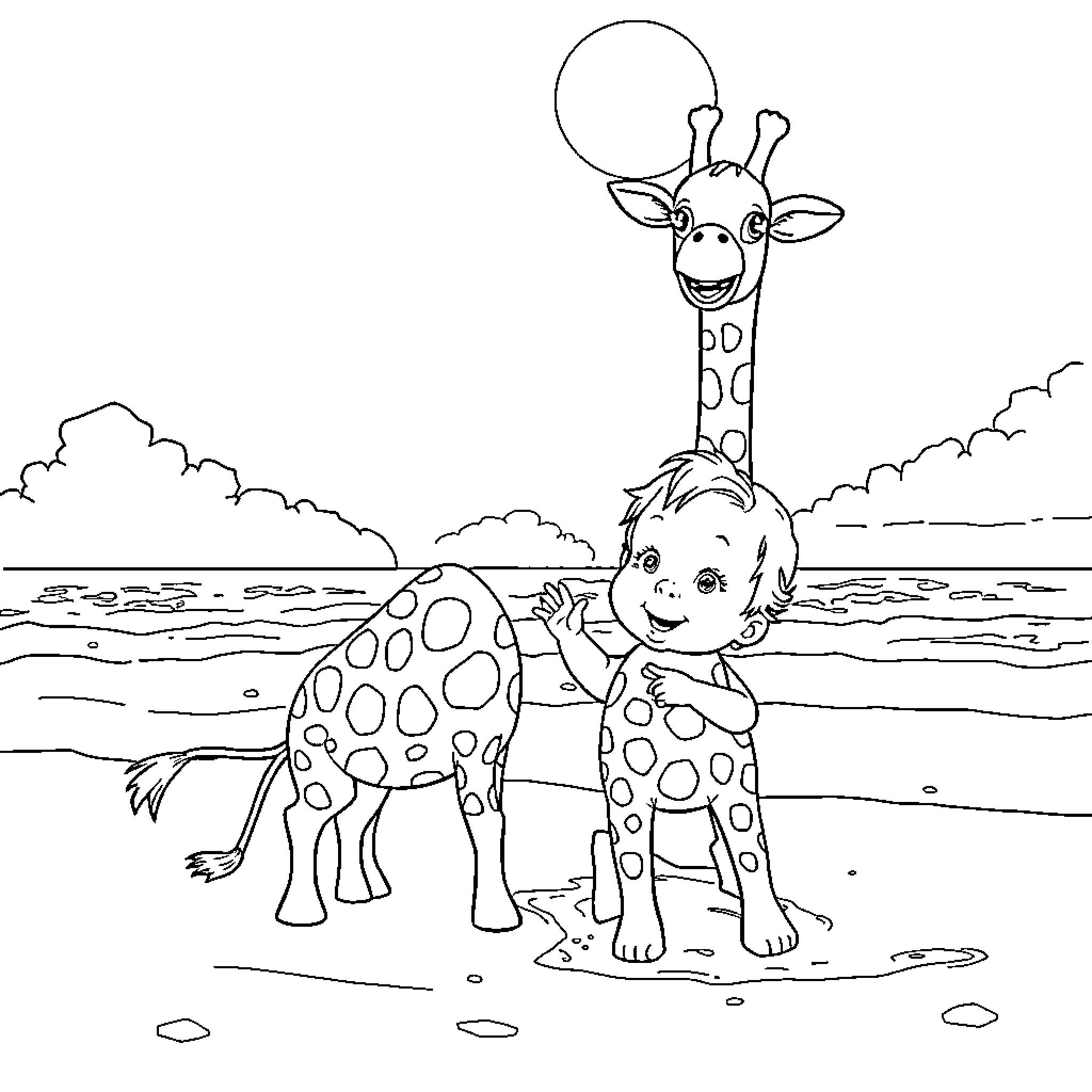 Bebe and the Spotty Giraffe Coloring Page (free black-and-white line drawing printable PDF for all, from beginners to advanced learners, including children, teens, adults, and seniors)