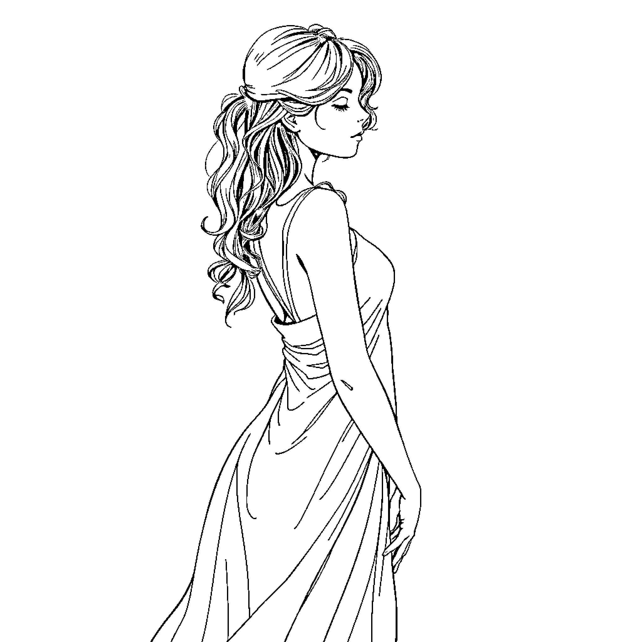 Girl in graceful dress with flowing hair Coloring Page (free black-and-white line drawing printable PDF for all, from beginners to advanced learners, including children, teens, adults, and seniors)