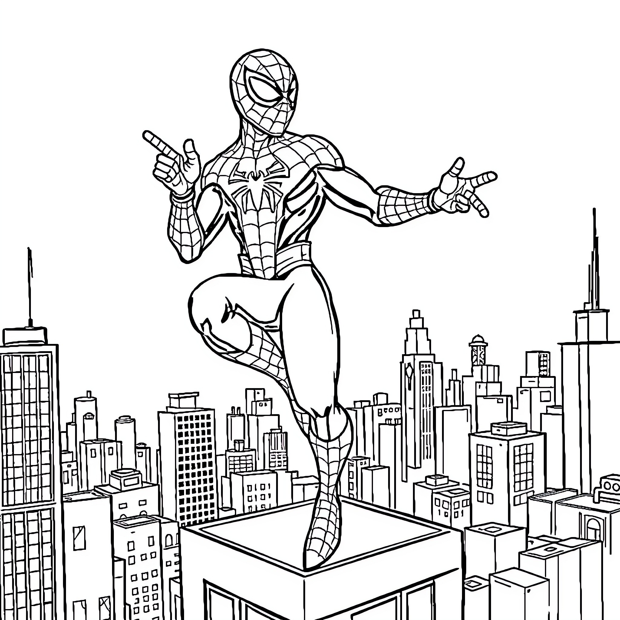 Spiderman Swinging Through the City Skyline Coloring Page (free black-and-white line drawing printable PDF for all, from beginners to advanced learners, including children, teens, adults, and seniors)